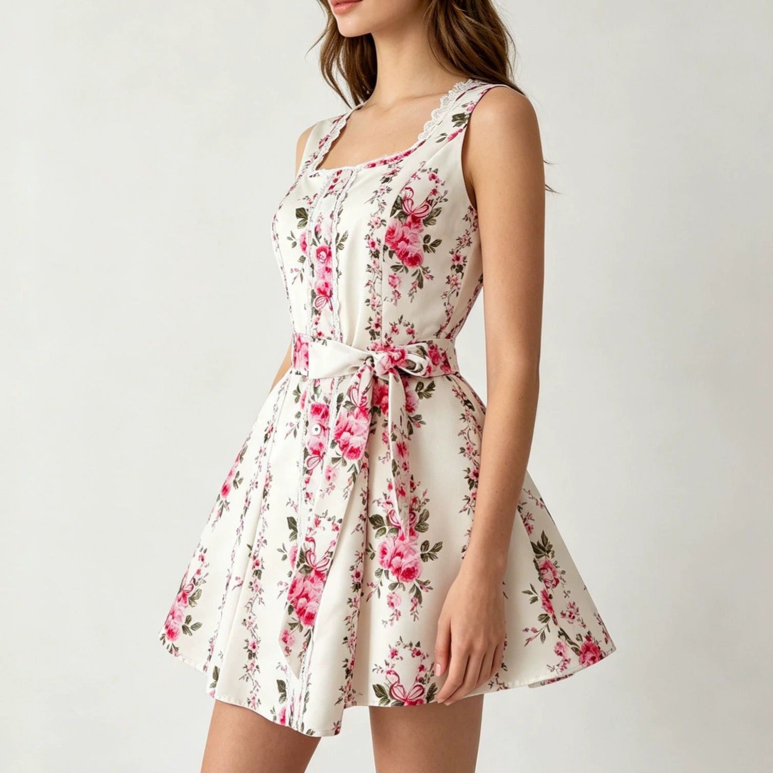 Off-White Rose Print Lace Trim Square Neck Sleeveless Waist Tie Skater Mini Dress