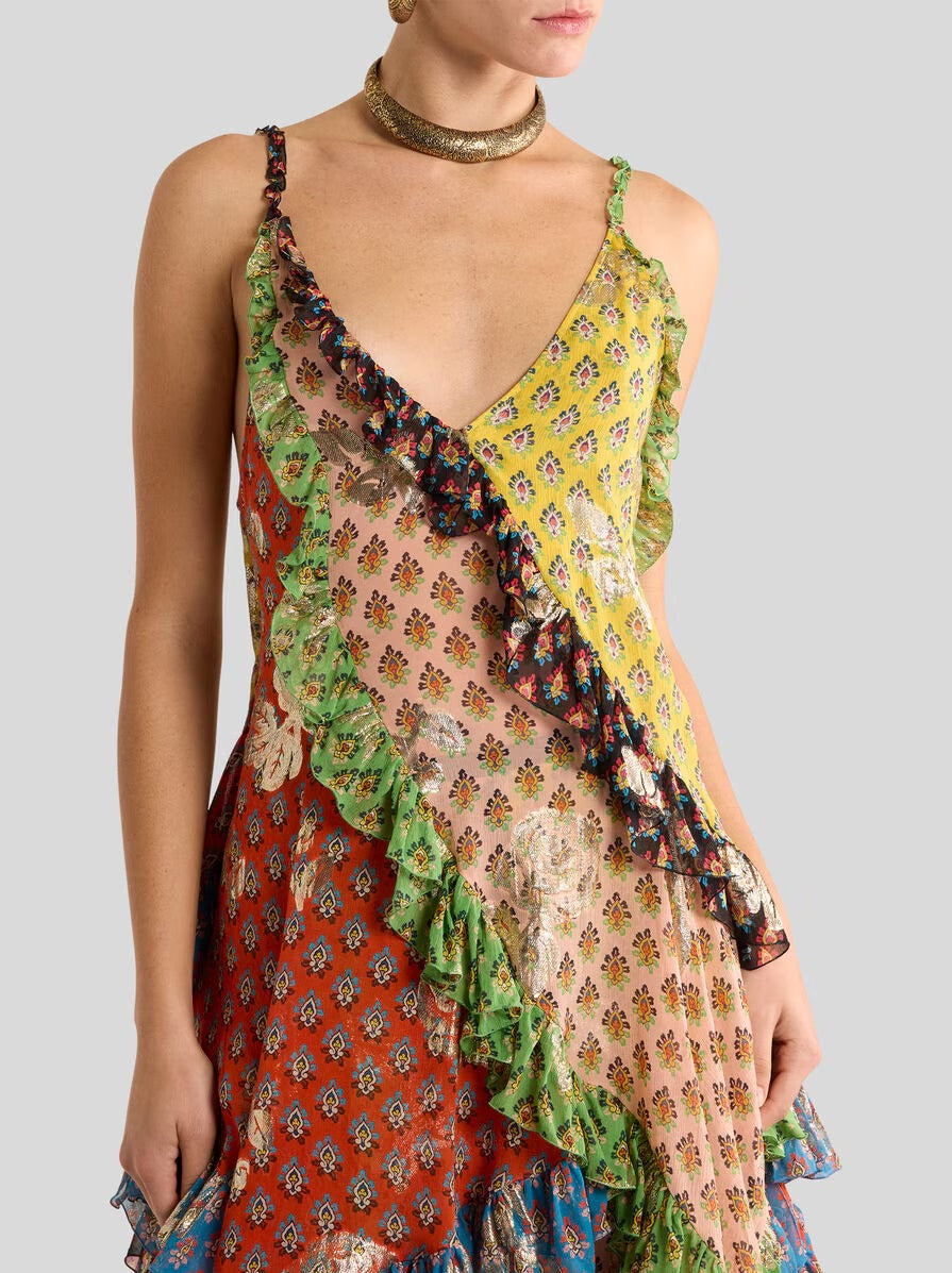 SILK MINI DRESS WITH RUFFLES AND TIE-INSPIRED MOTIF