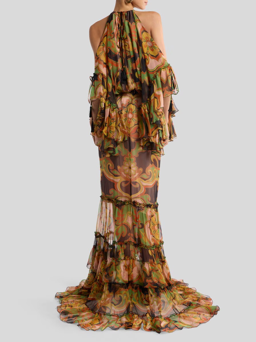 LONG SILK DRESS WITH RUFFLES AND PLACED FLORAL PRINT