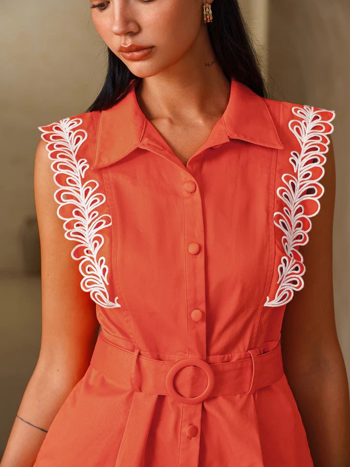 Embroidered Trim Belted Sleeveless Romper
