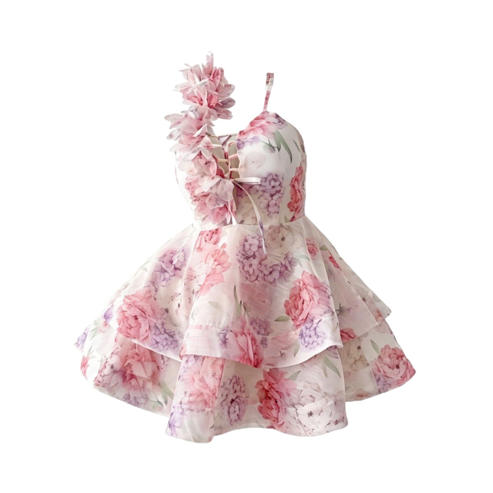 Pink-Purple Floral Print 3D Flower Halter Lace-Up Tiered Skater Mini Dress