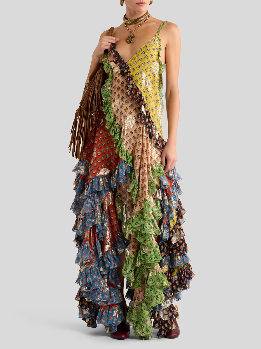 SILK MINI DRESS WITH RUFFLES AND TIE-INSPIRED MOTIF