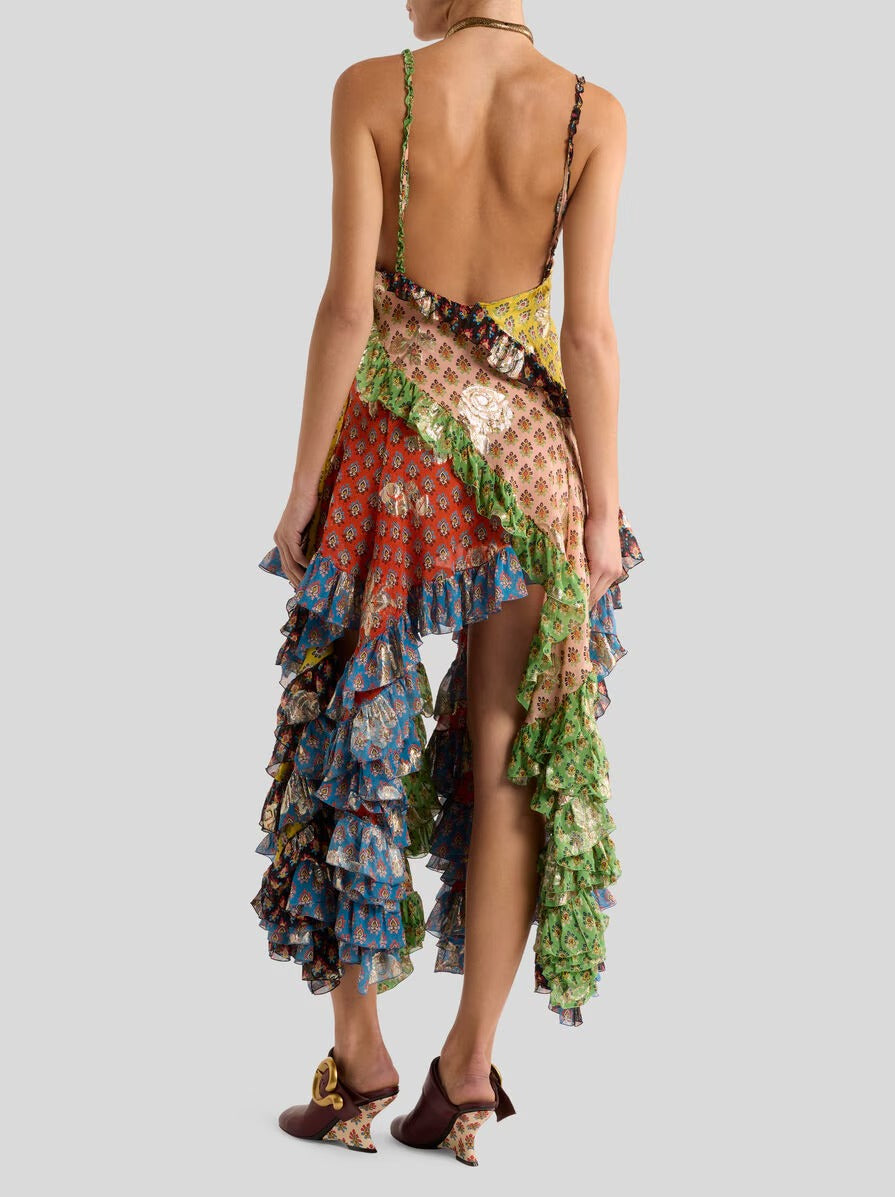 SILK MINI DRESS WITH RUFFLES AND TIE-INSPIRED MOTIF
