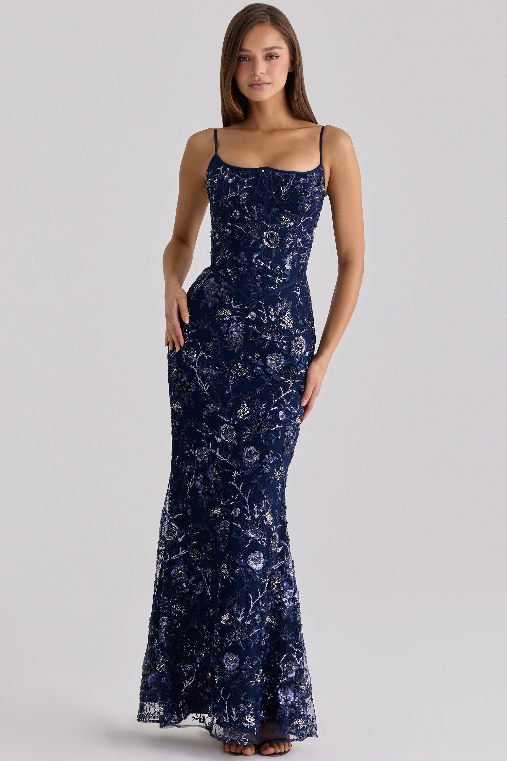 Naima navy hand beaded embellished corset maxi dress