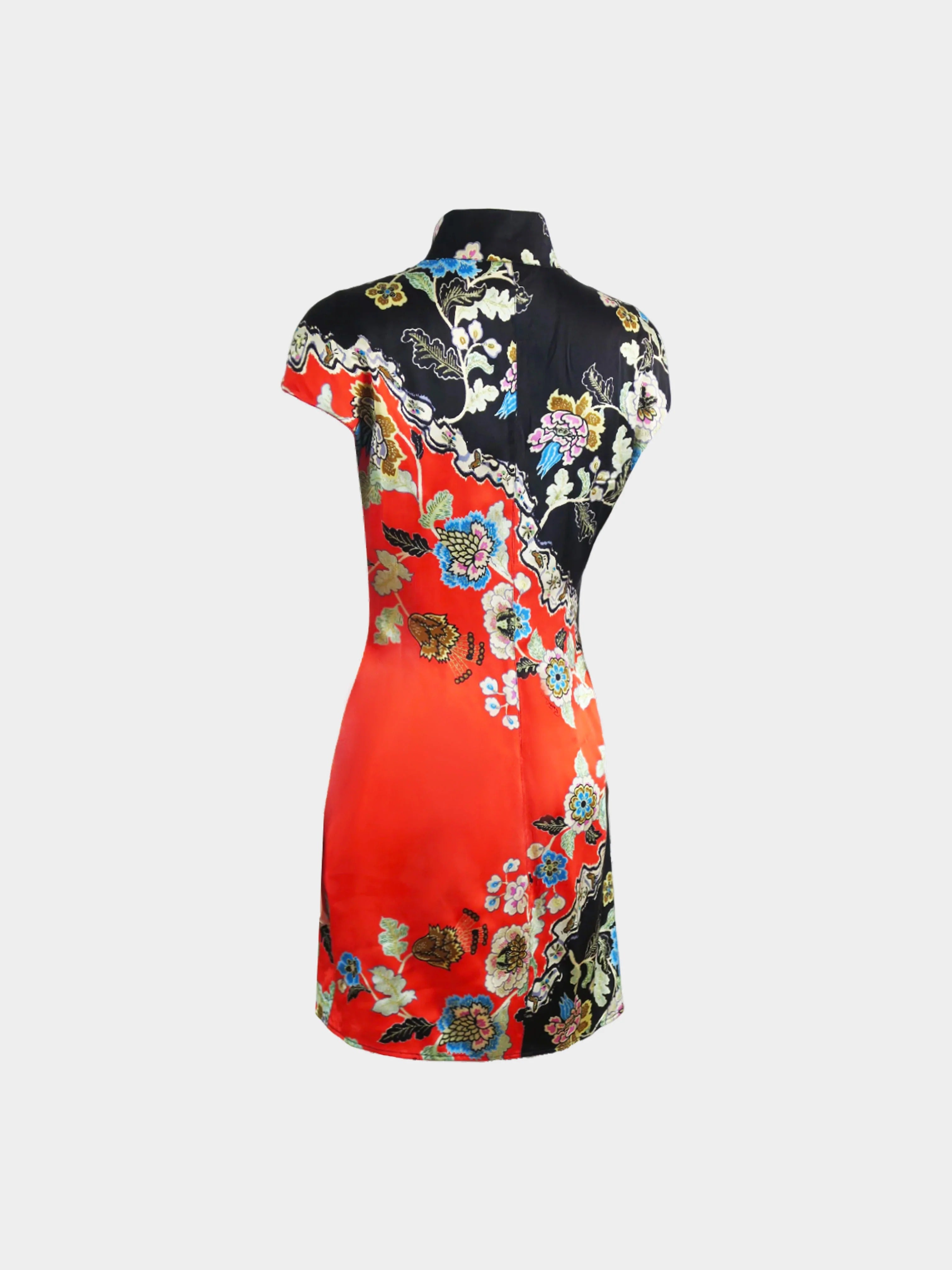 Roberto Cavalli SS 2003 Black and Red Silk Floral Print Cheongsam Midi Dress