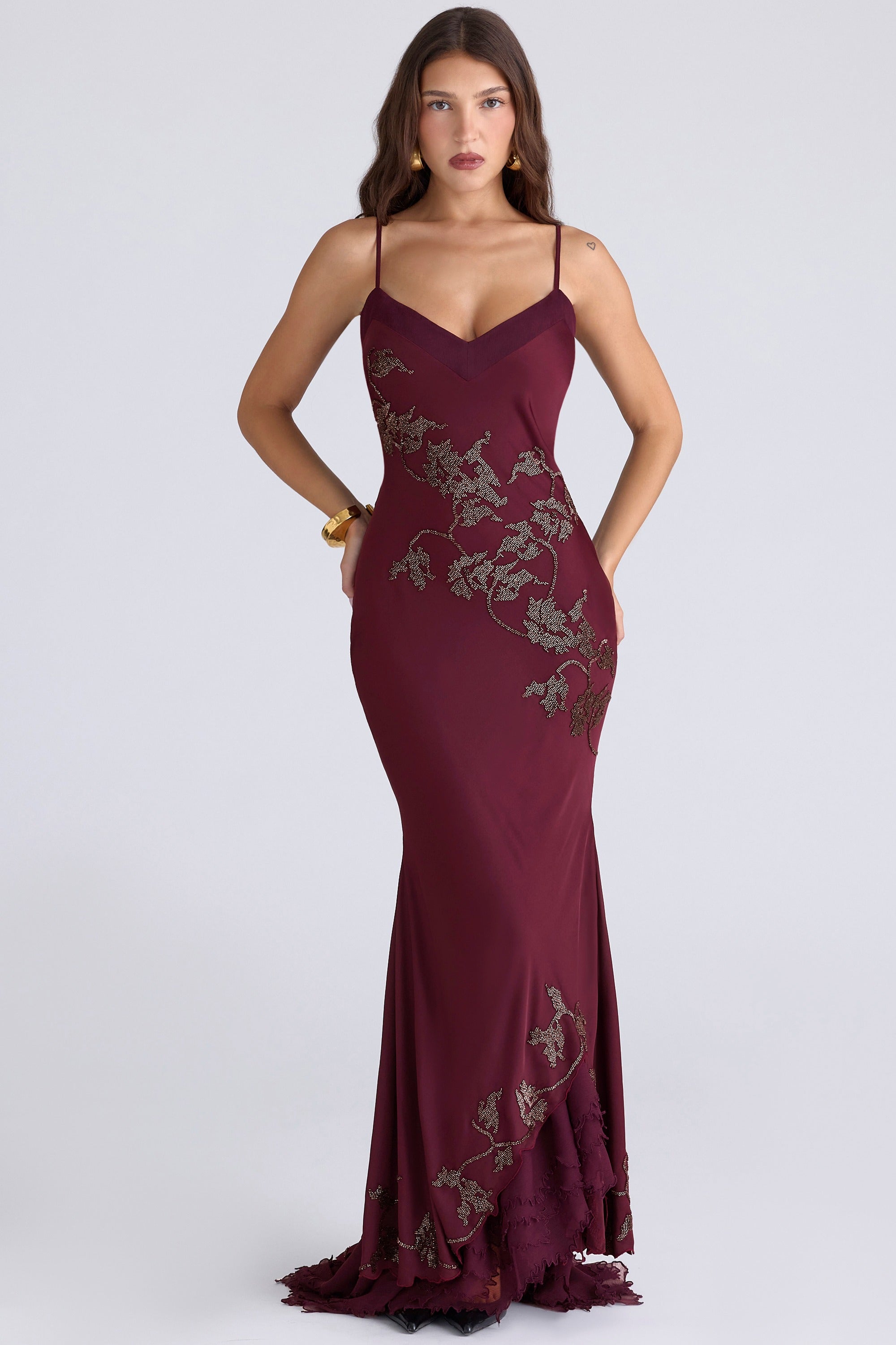 plum hand beaded embellished satin maxi gown