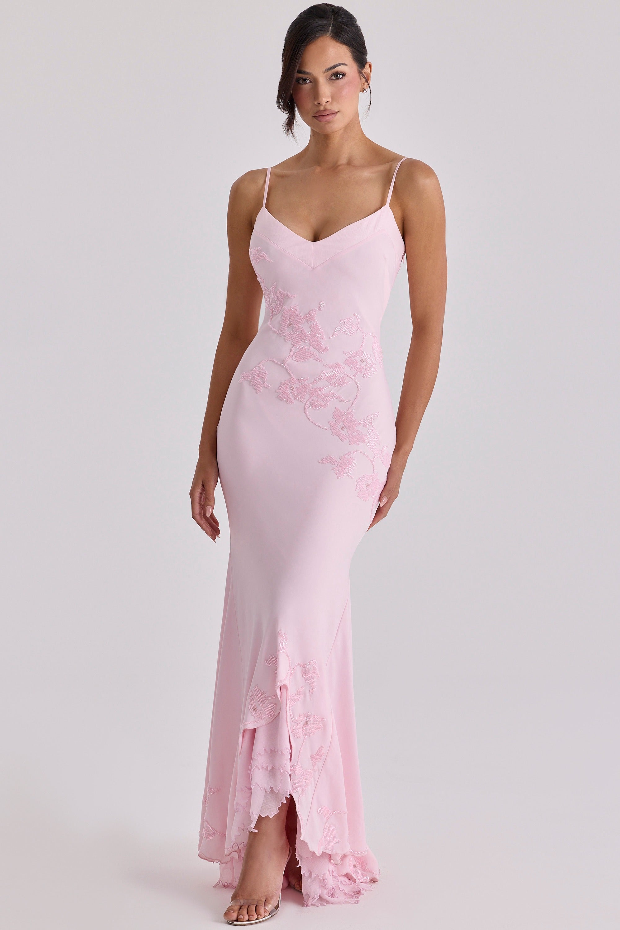 Anastelle Pink Hand Beaded Embellished Satin Maxi Dress