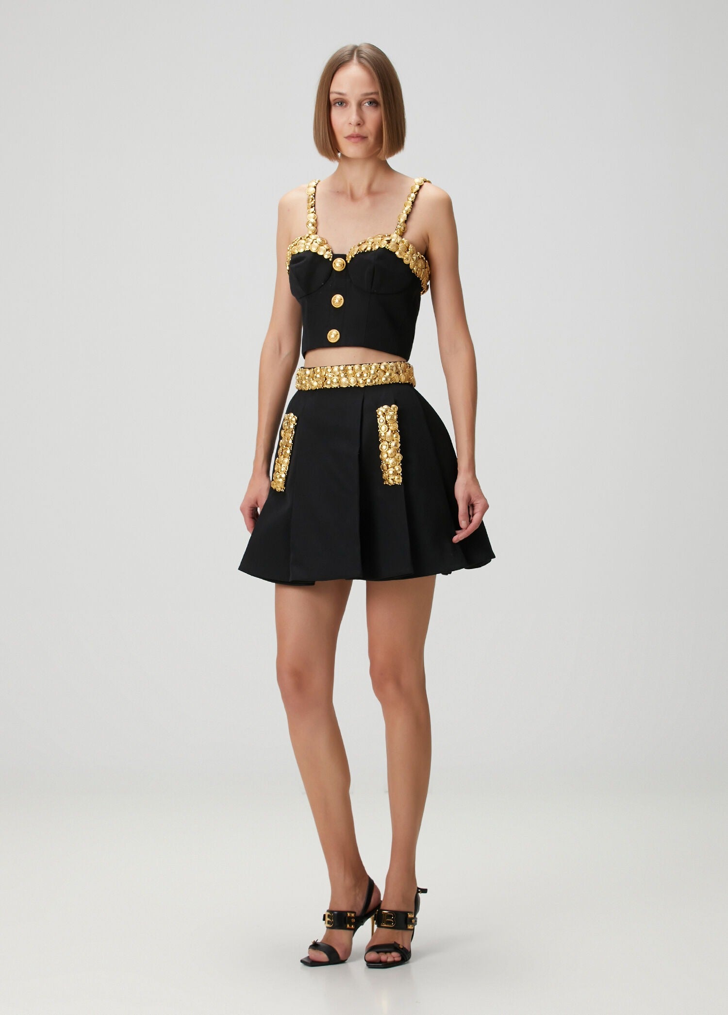 Balmain Siyah Gold Crop Yün Bluz