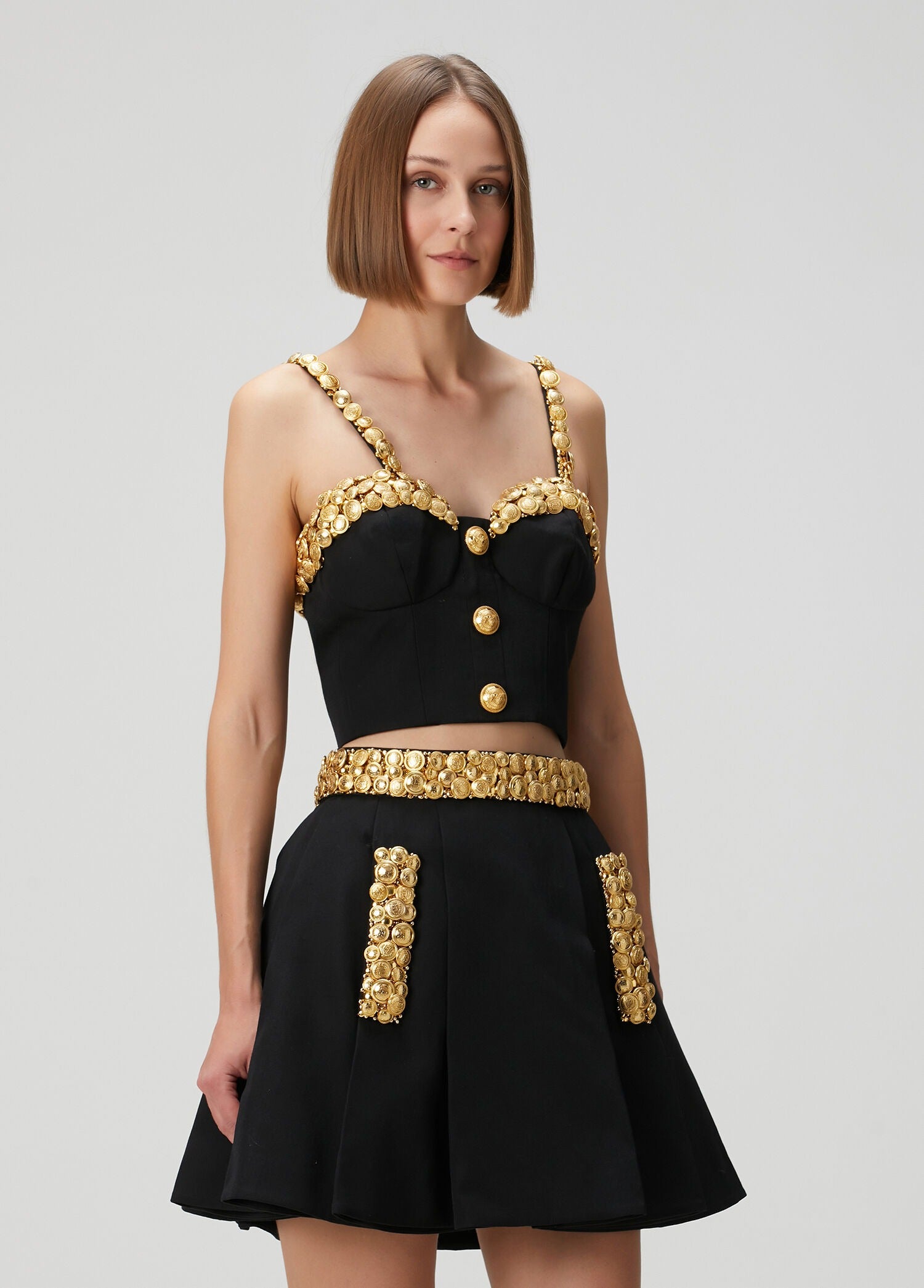 Balmain Siyah Gold Crop Yün Bluz