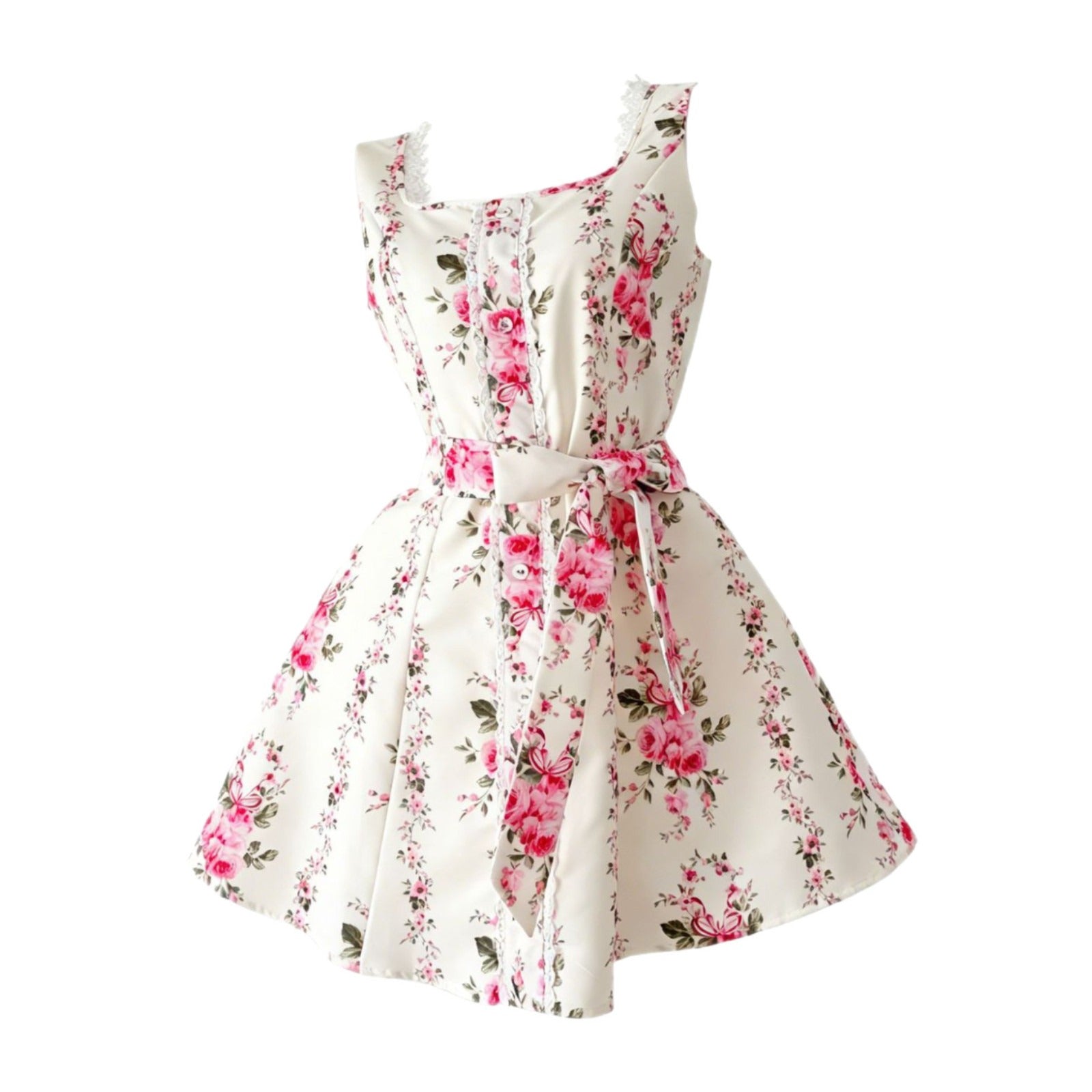 Off-White Rose Print Lace Trim Square Neck Sleeveless Waist Tie Skater Mini Dress