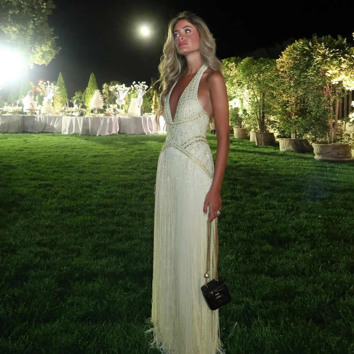Gala Exquisite Yellow Beaded Halter Neck Deep V Evening Dress