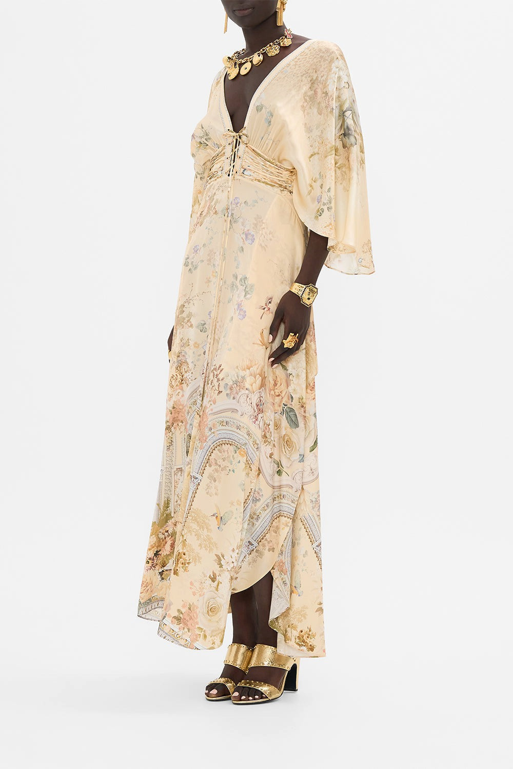 V Neck Lace Up Detail Long Dress