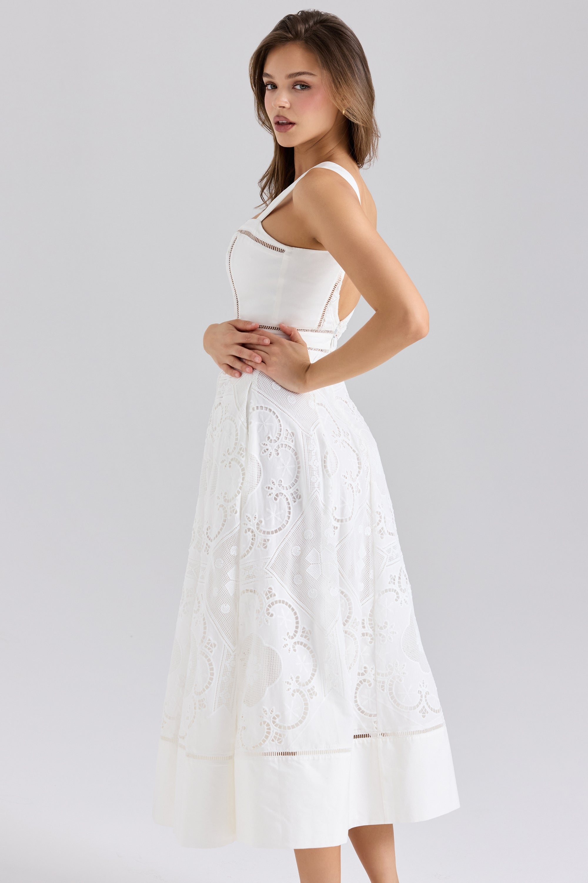 Clarabelle Midi Dress with Square Neck and Open Back