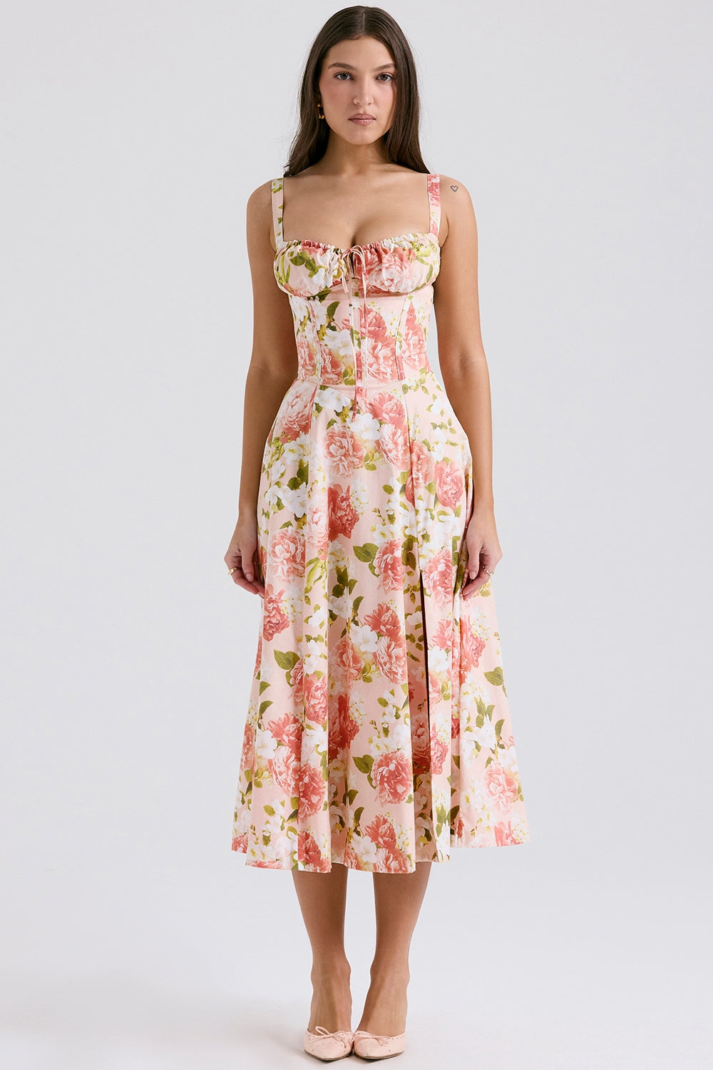 Carmen pink peony print cotton bustier sundress