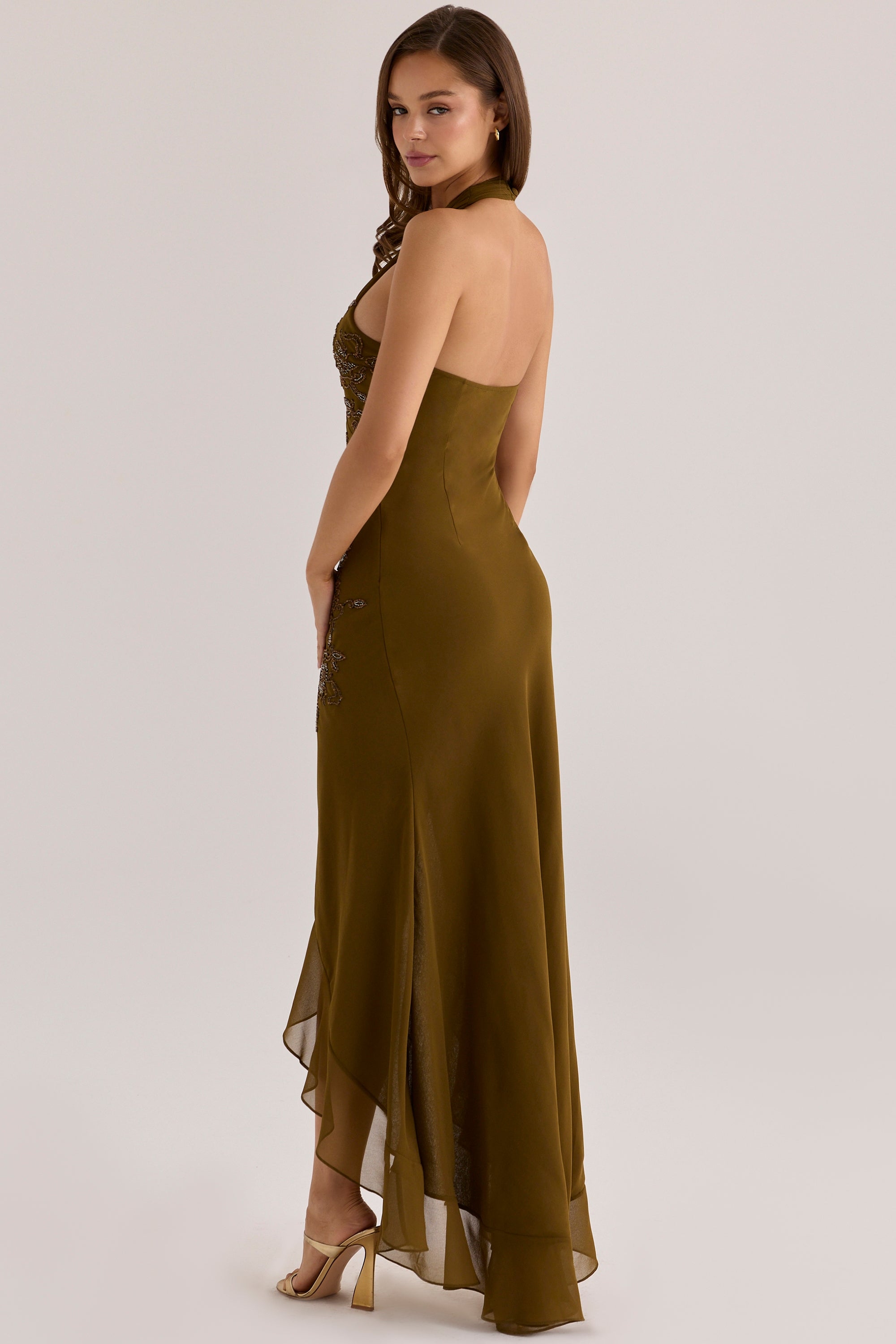 Raquel Bronze Georgette Hand Embellished Beaded Halter Maxi Dress