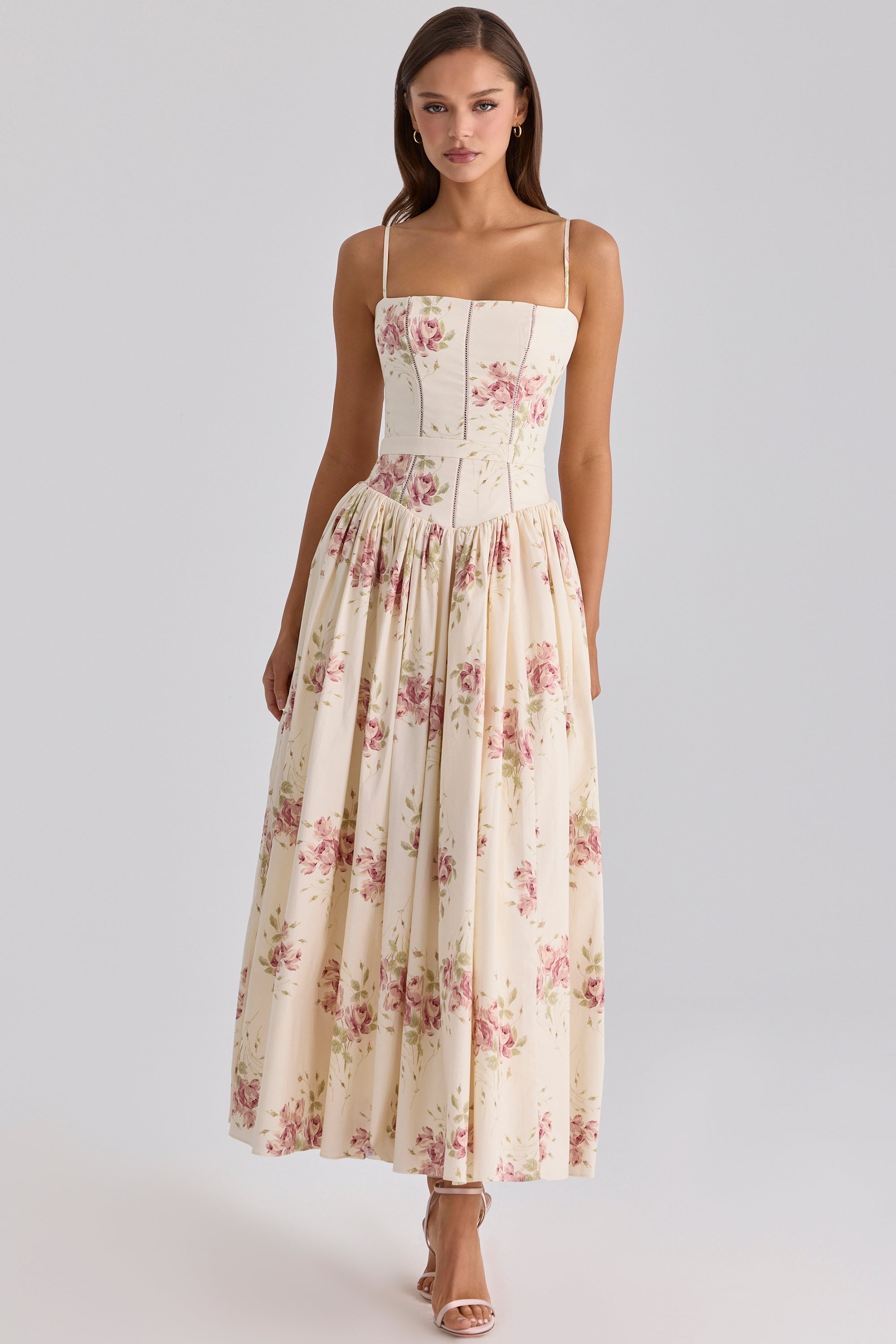 Ysabella ivory vintage rose print cotton midi sundress