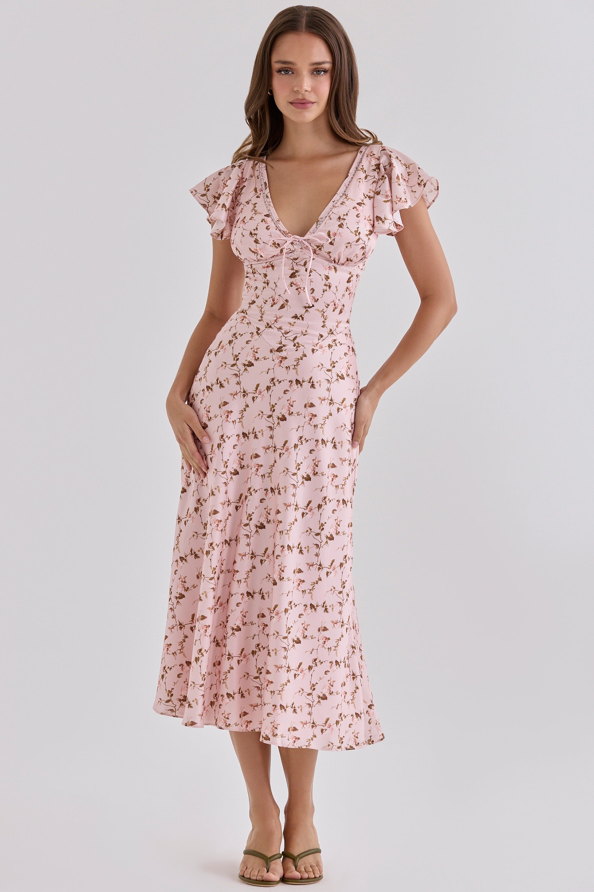 Raye Vintage Floral Print Pink Satin V-Neck Midi Tea Dress