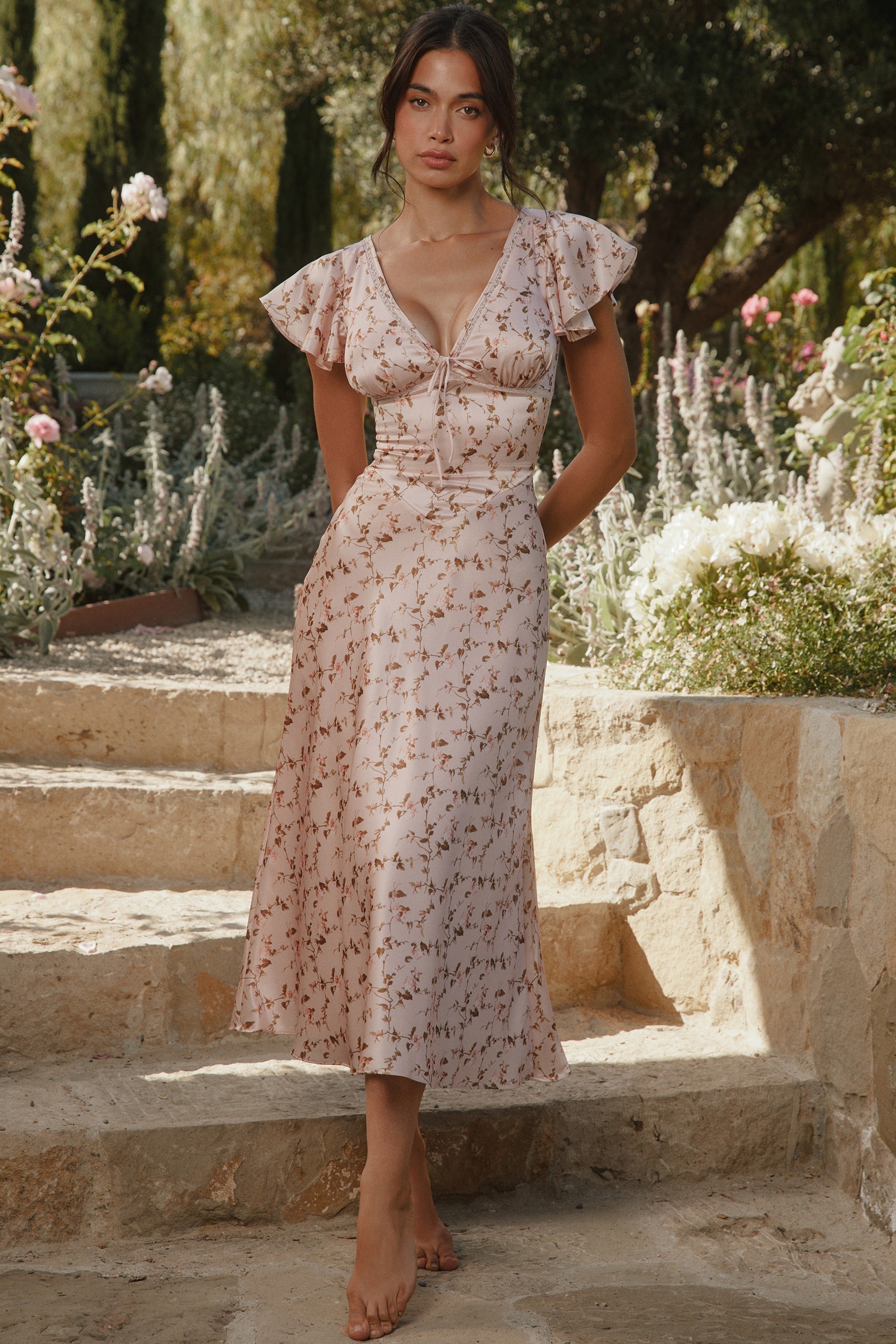 Raye Vintage Floral Print Pink Satin V-Neck Midi Tea Dress