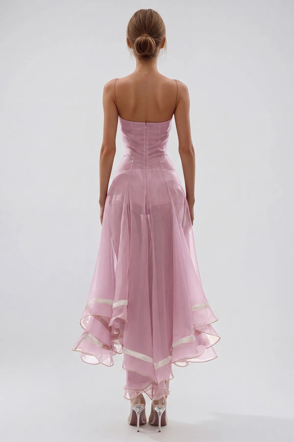 Fiacre Spaghetti Mesh Ruffle Maxi Dress In Pink