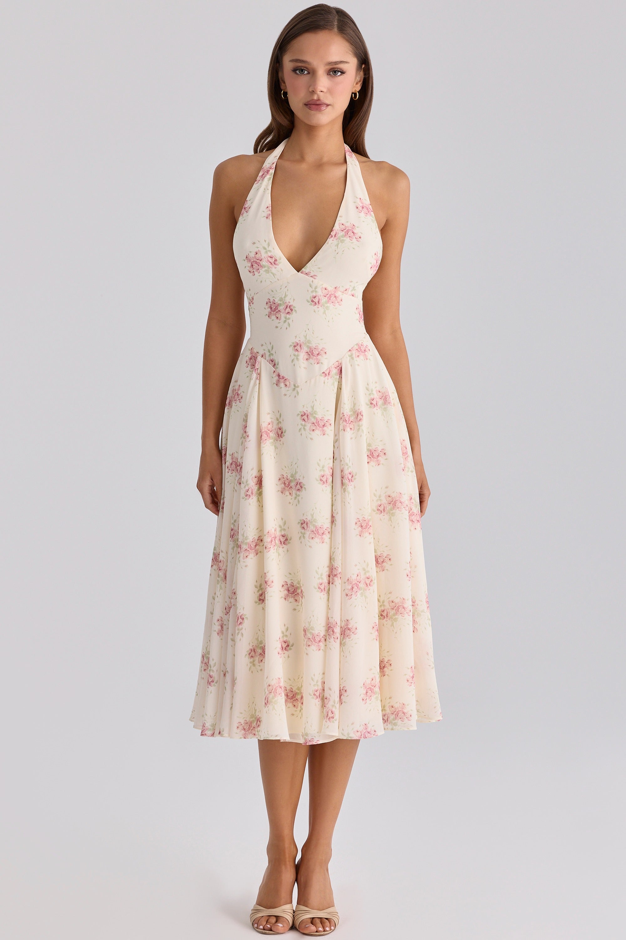 Solada ivory vintage rose print georgette midi halter dress