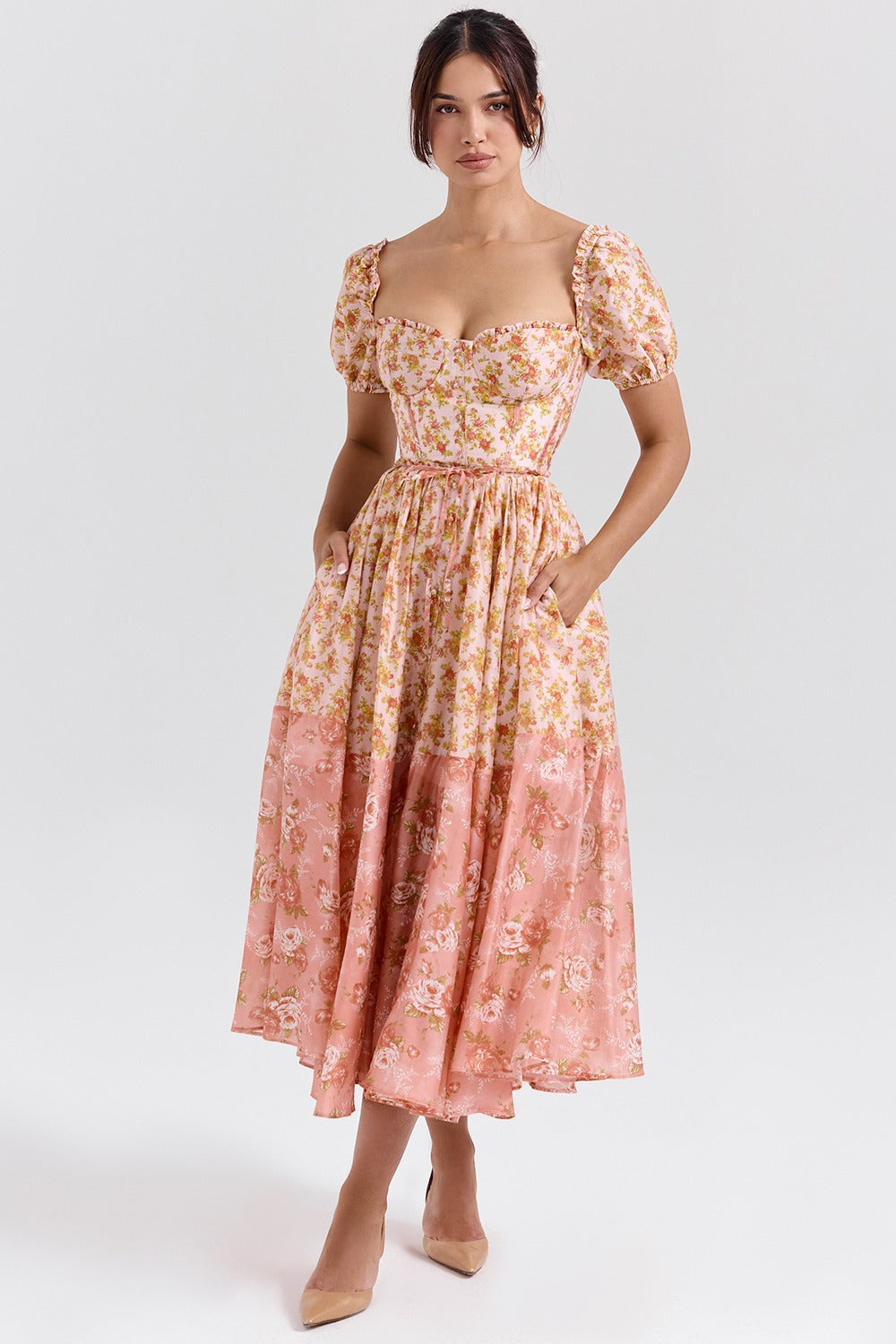 Penelope peach poppy print puff sleeve midi sundress
