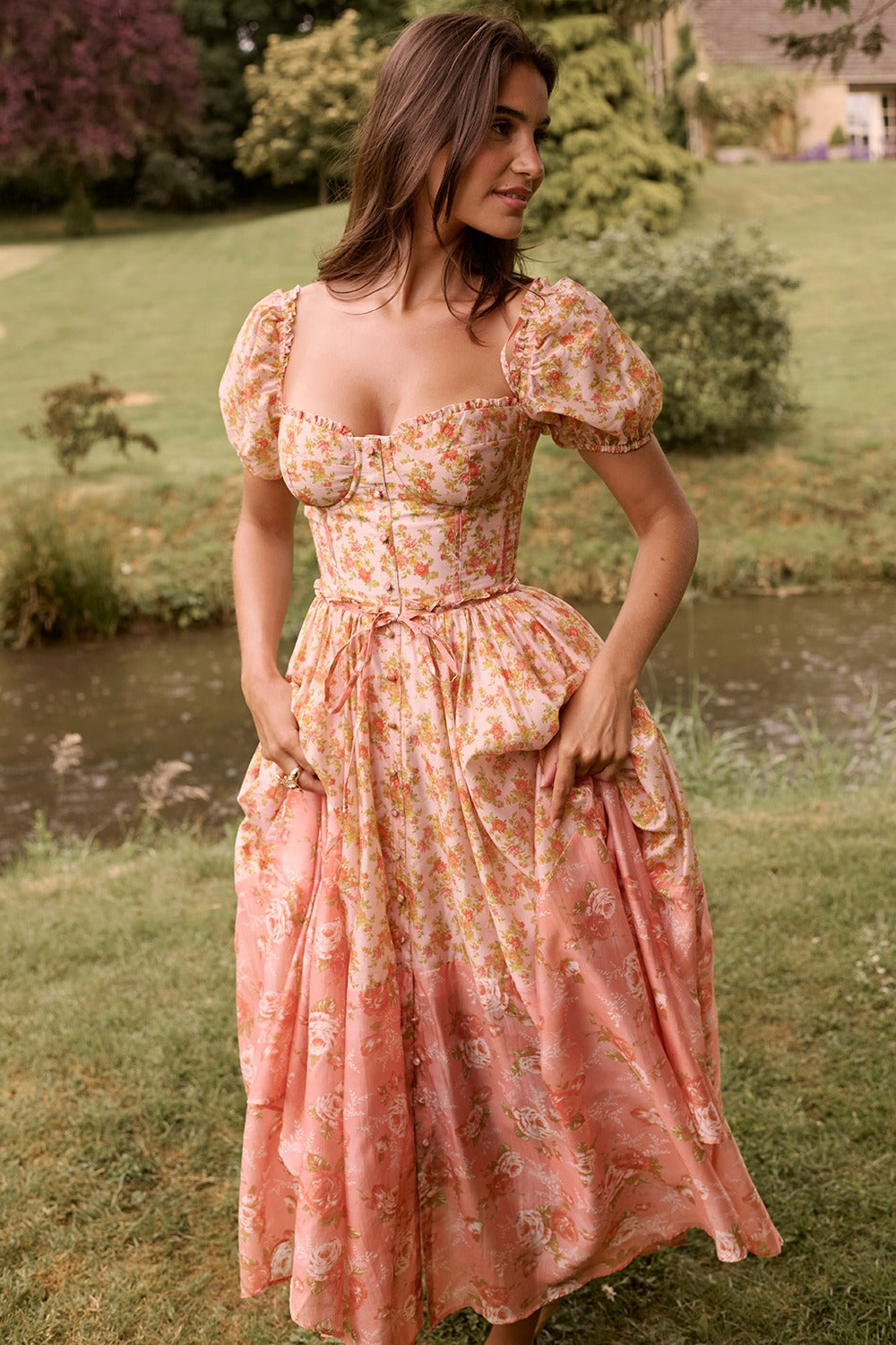 Penelope peach poppy print puff sleeve midi sundress