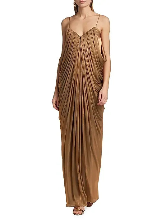 Halpern  Waterfall Draped Metallic Column Gown