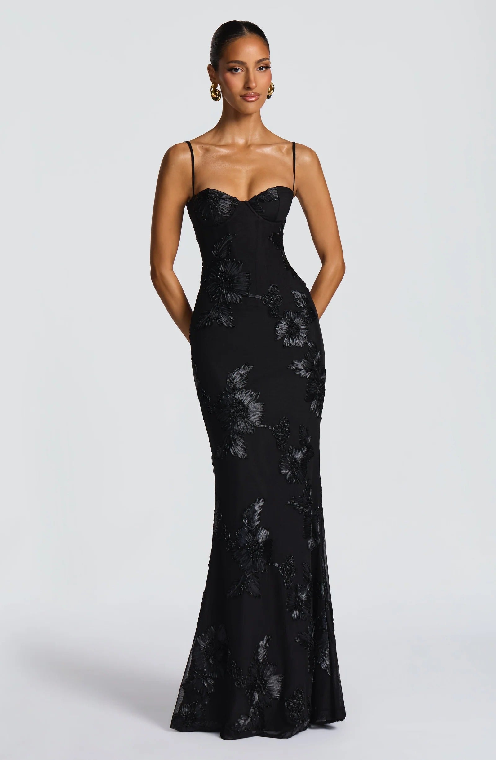 Floral Bustier Strappy Back Maxi Dress Black