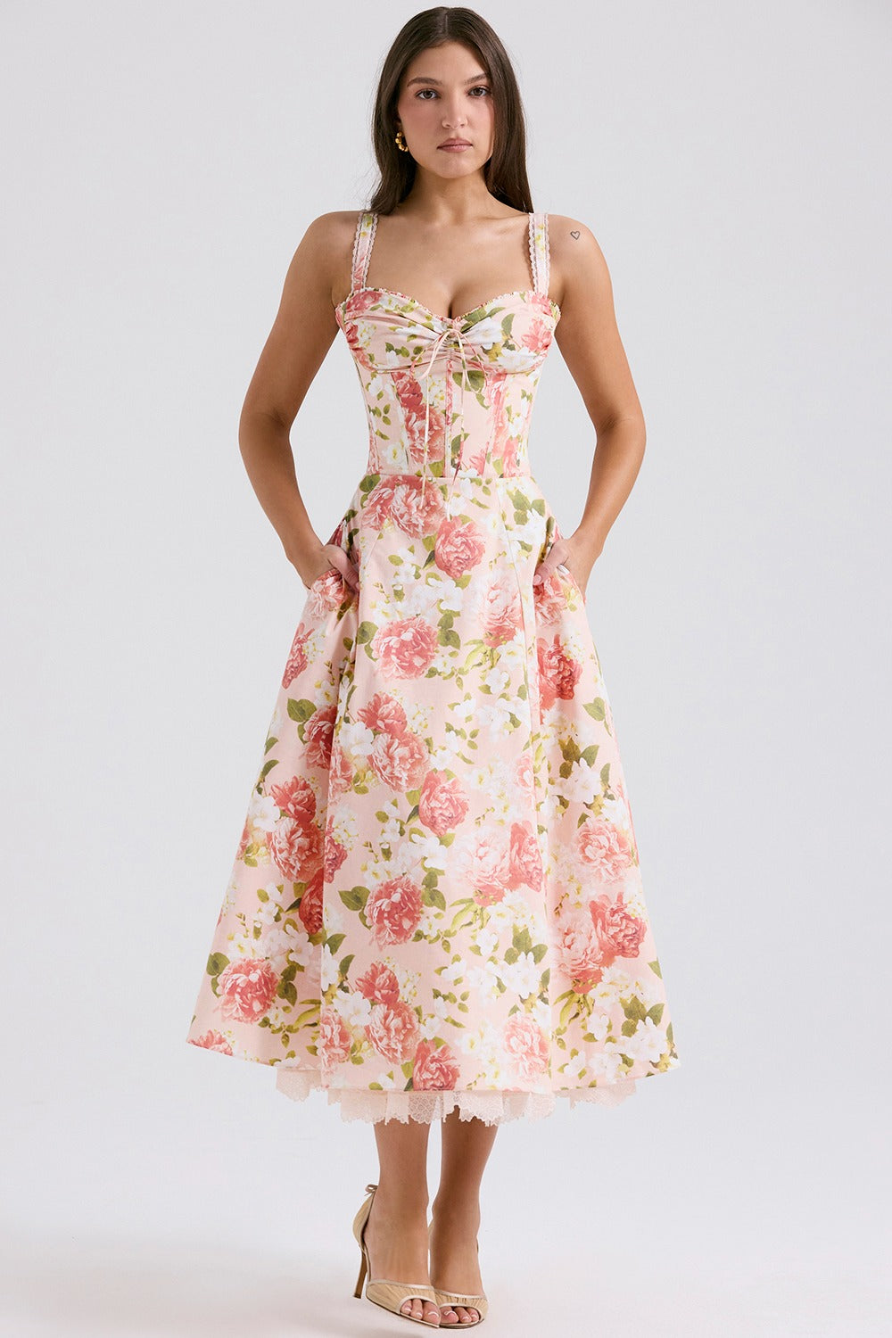 Rosalee pink peony print cotton bustier sundress