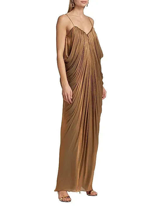 Halpern  Waterfall Draped Metallic Column Gown