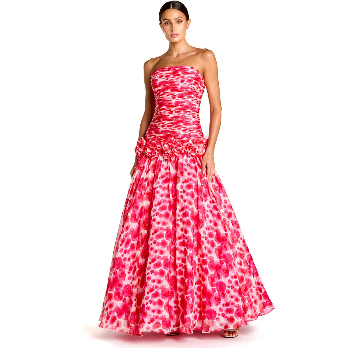 Strapless Chiffon Ball Gown With 3D Flowers