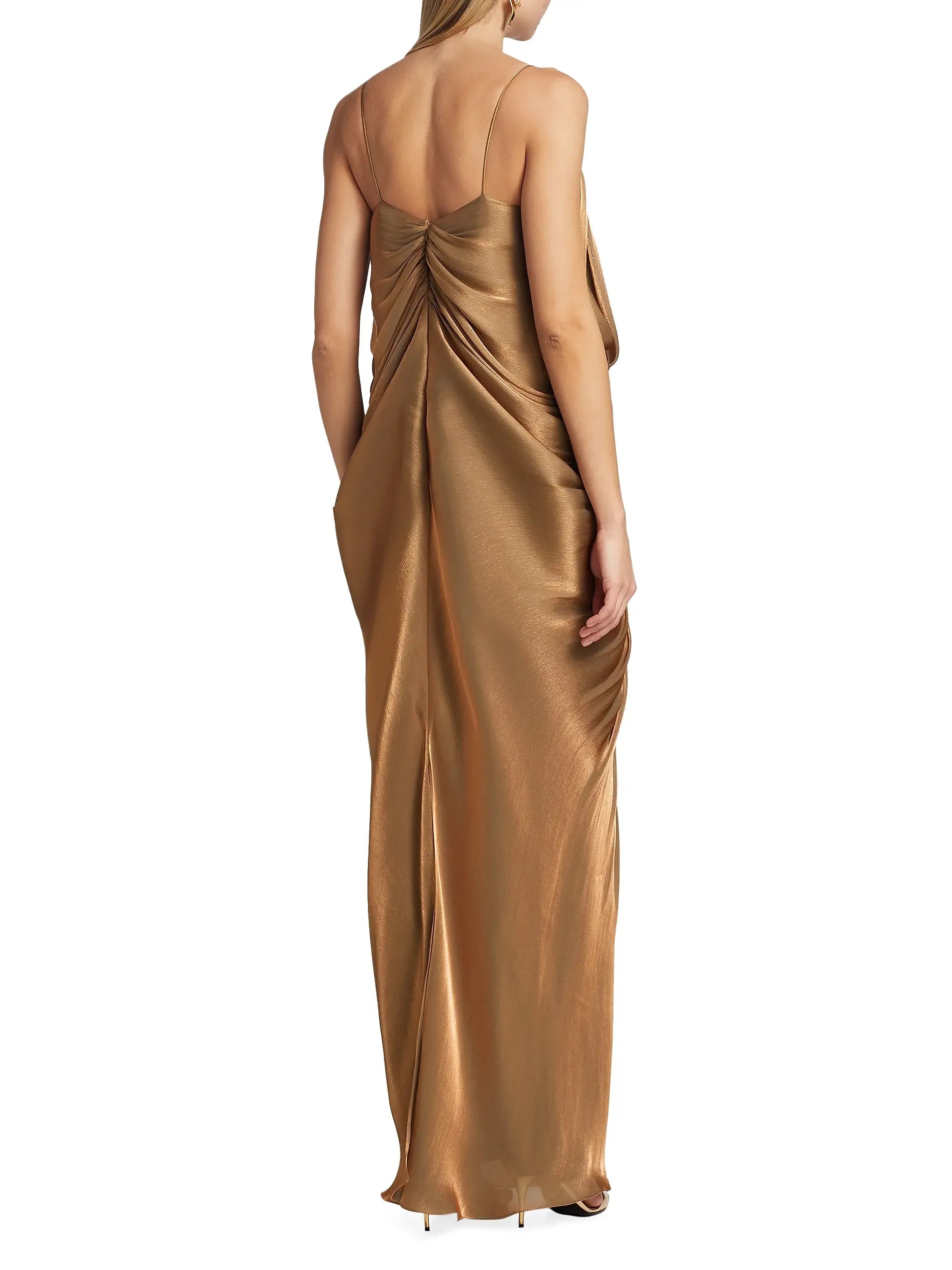 Halpern  Waterfall Draped Metallic Column Gown