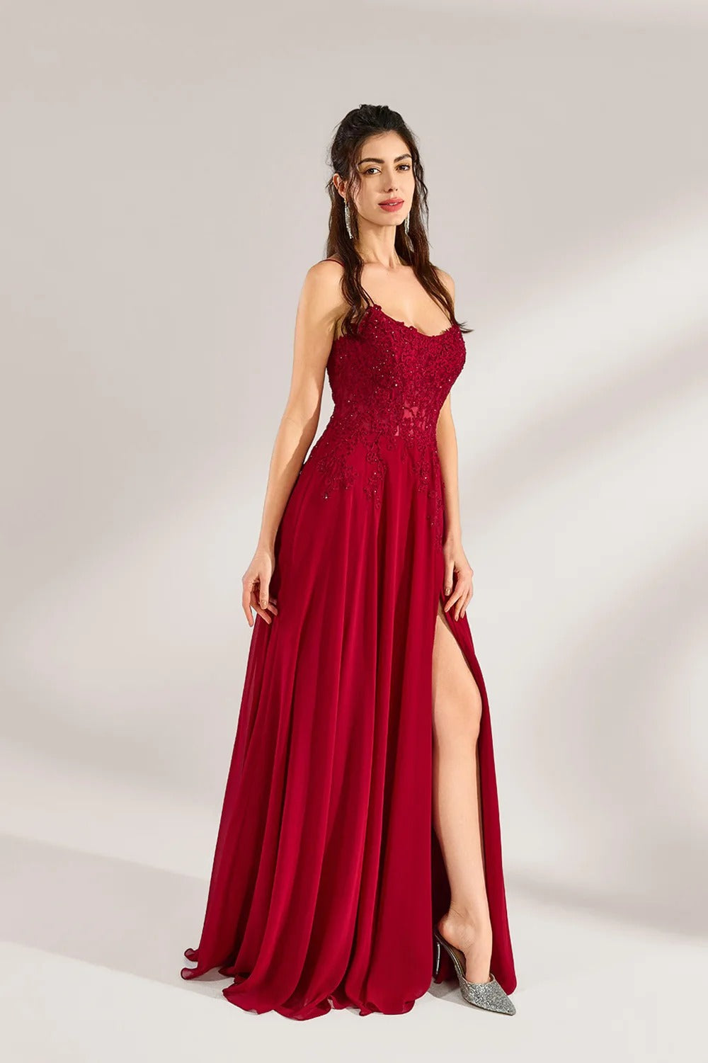 Custom Romantic Spaghetti Strap Lace Chiffon Gown