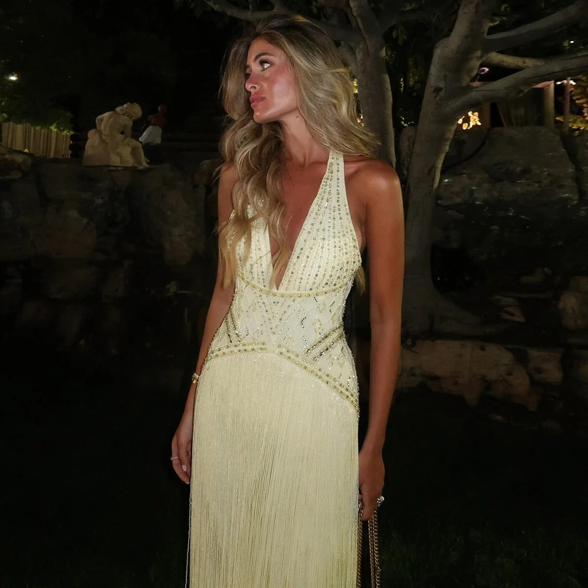 Gala Exquisite Yellow Beaded Halter Neck Deep V Evening Dress