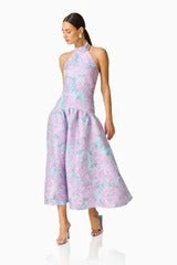 Nolana Halter Midi Dress in Blue & Purple Floral