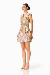 Fiora Tulip Mini Dress in Green & Pink Floral
