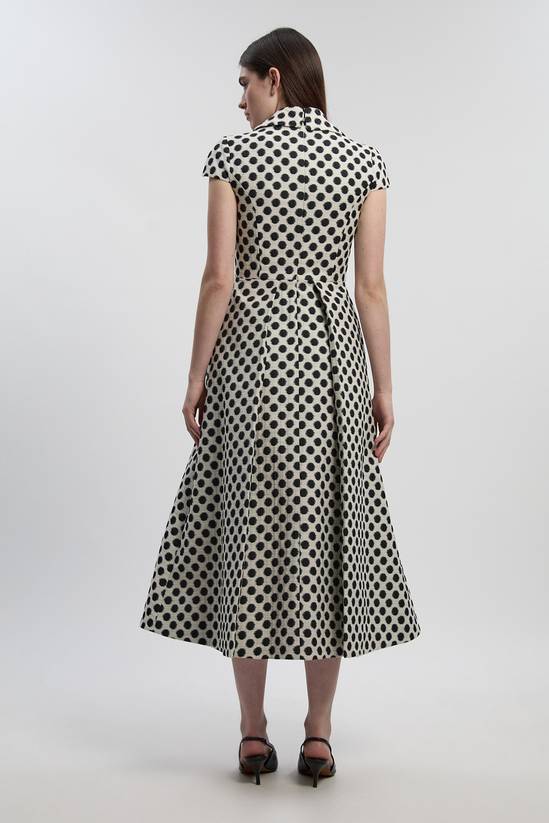 KarenMillen Spot Jacquard Square Neck Tailored Full Skirted Midi Dress