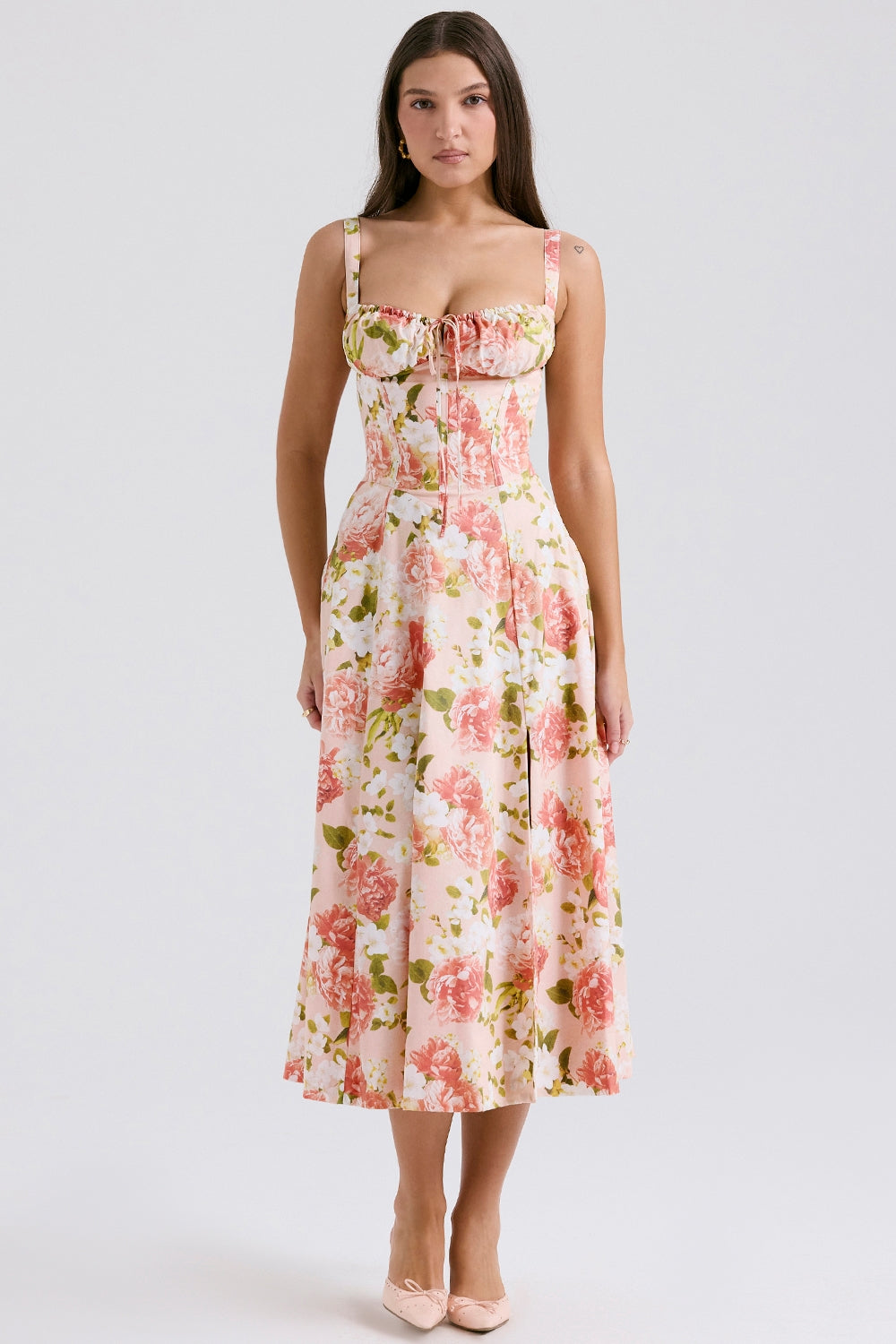 Carmen pink peony print cotton bustier sundress