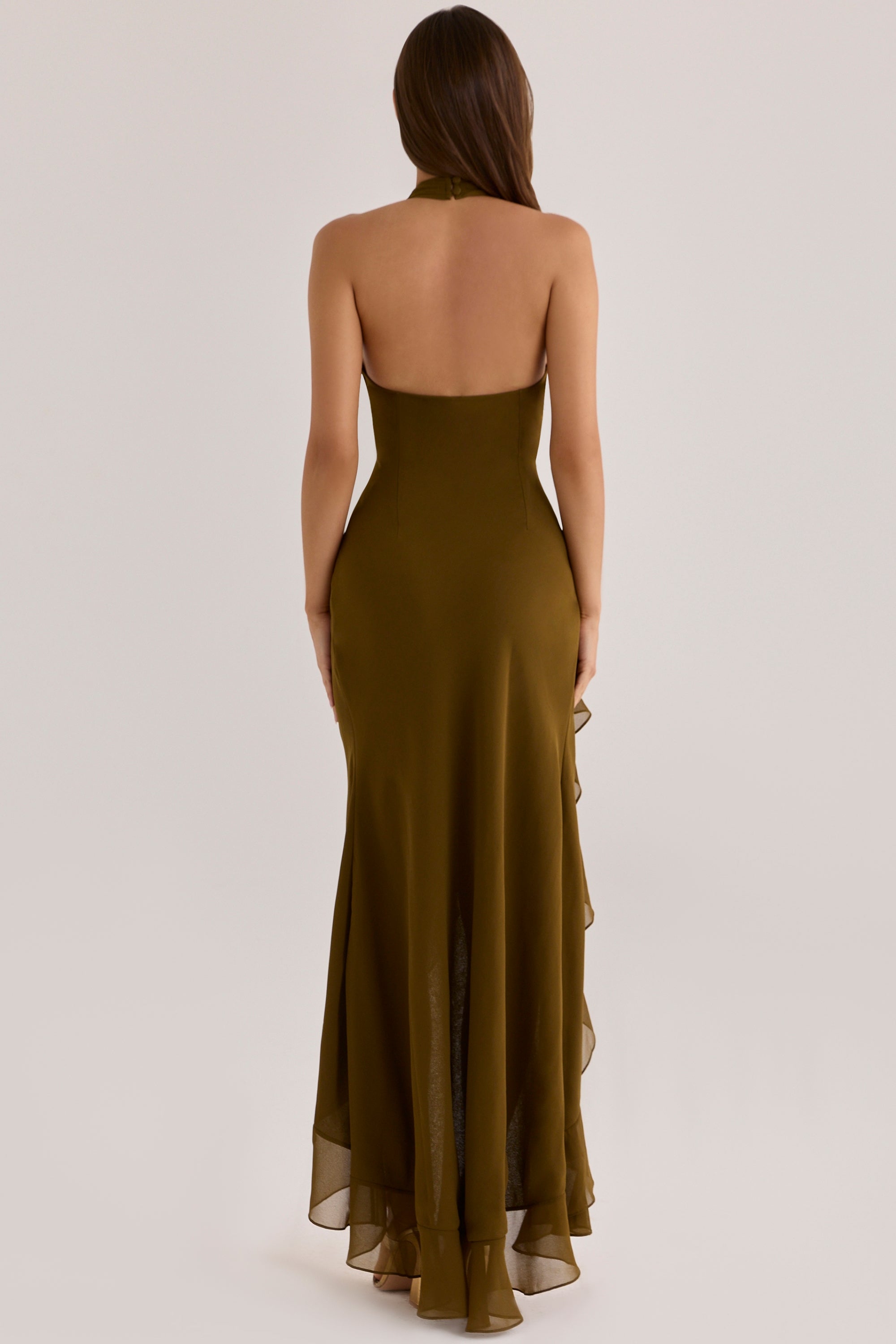 Raquel Bronze Georgette Hand Embellished Beaded Halter Maxi Dress