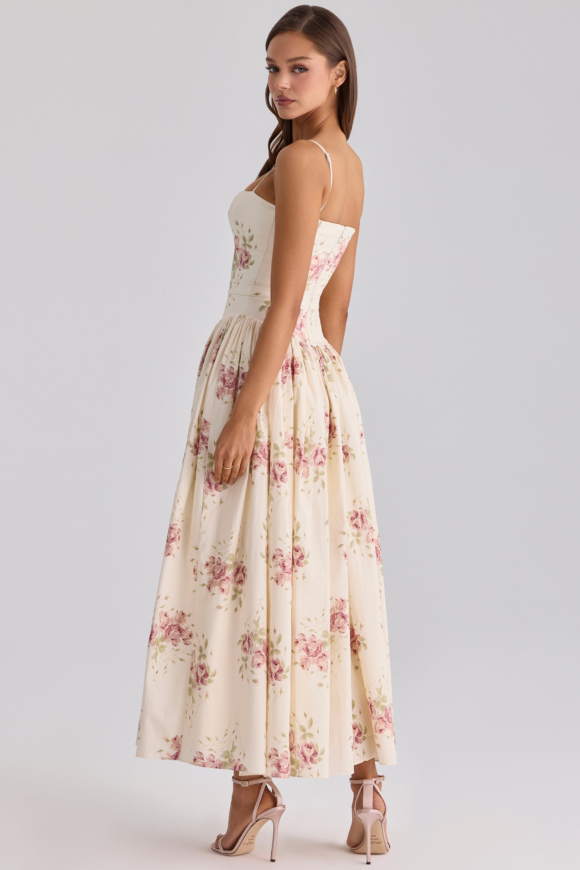 Ysabella ivory vintage rose print cotton midi sundress