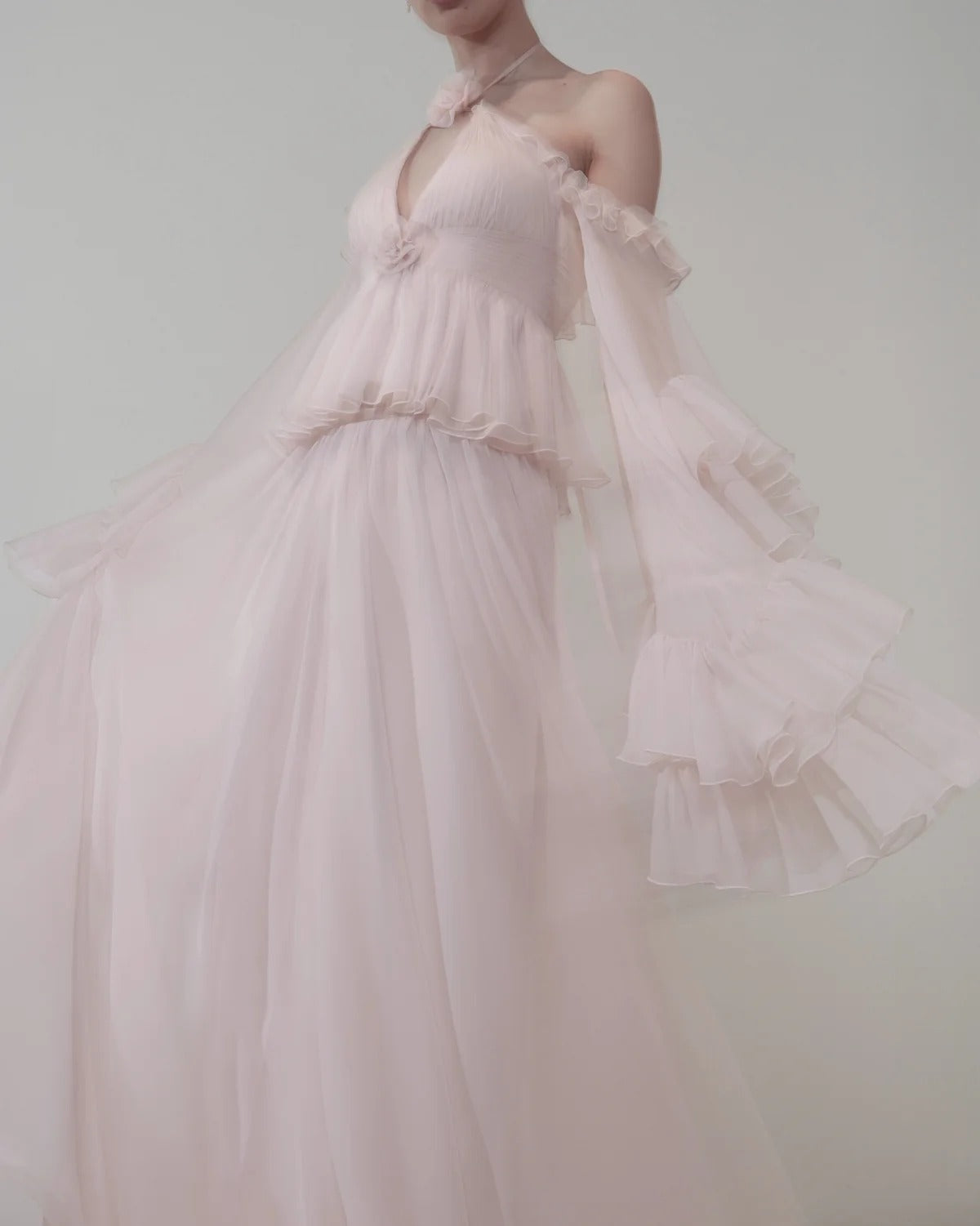 Elegant Pink Ruffled Halter 3D Floral Chiffon Evening Dress