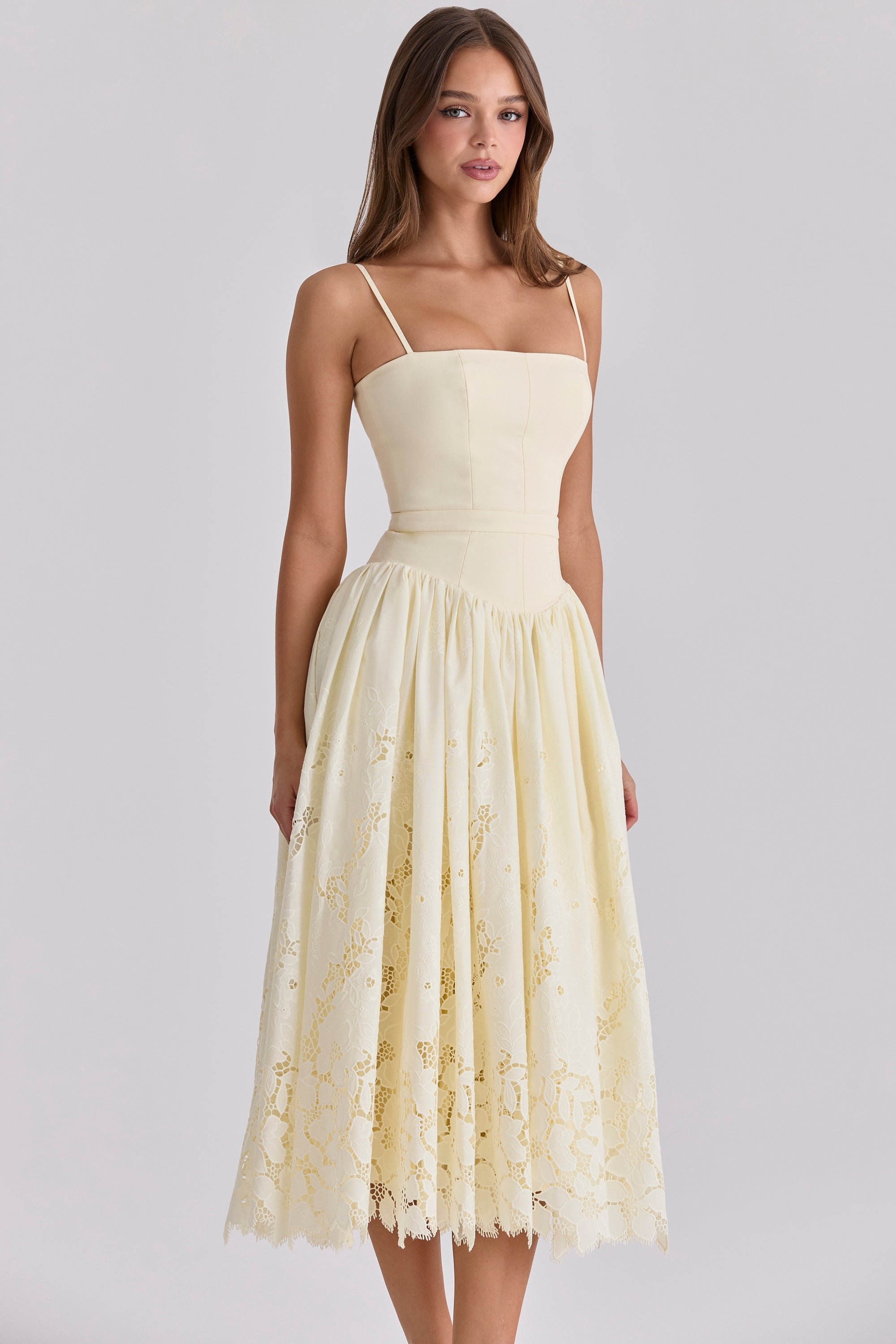 Ysabella Lemon Custom Lace Broderie Anglaise Midi Sundress