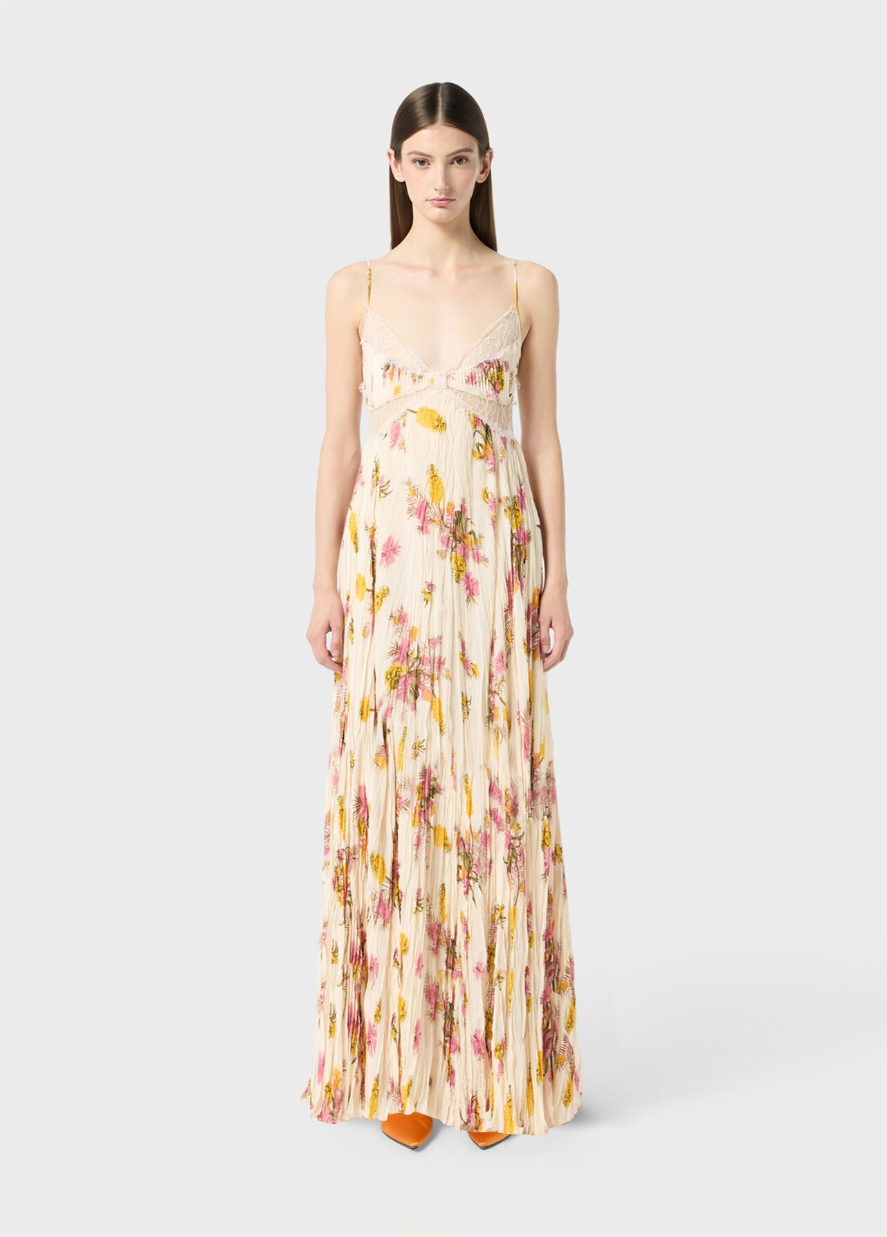 Long pleated georgette dress with print and lace