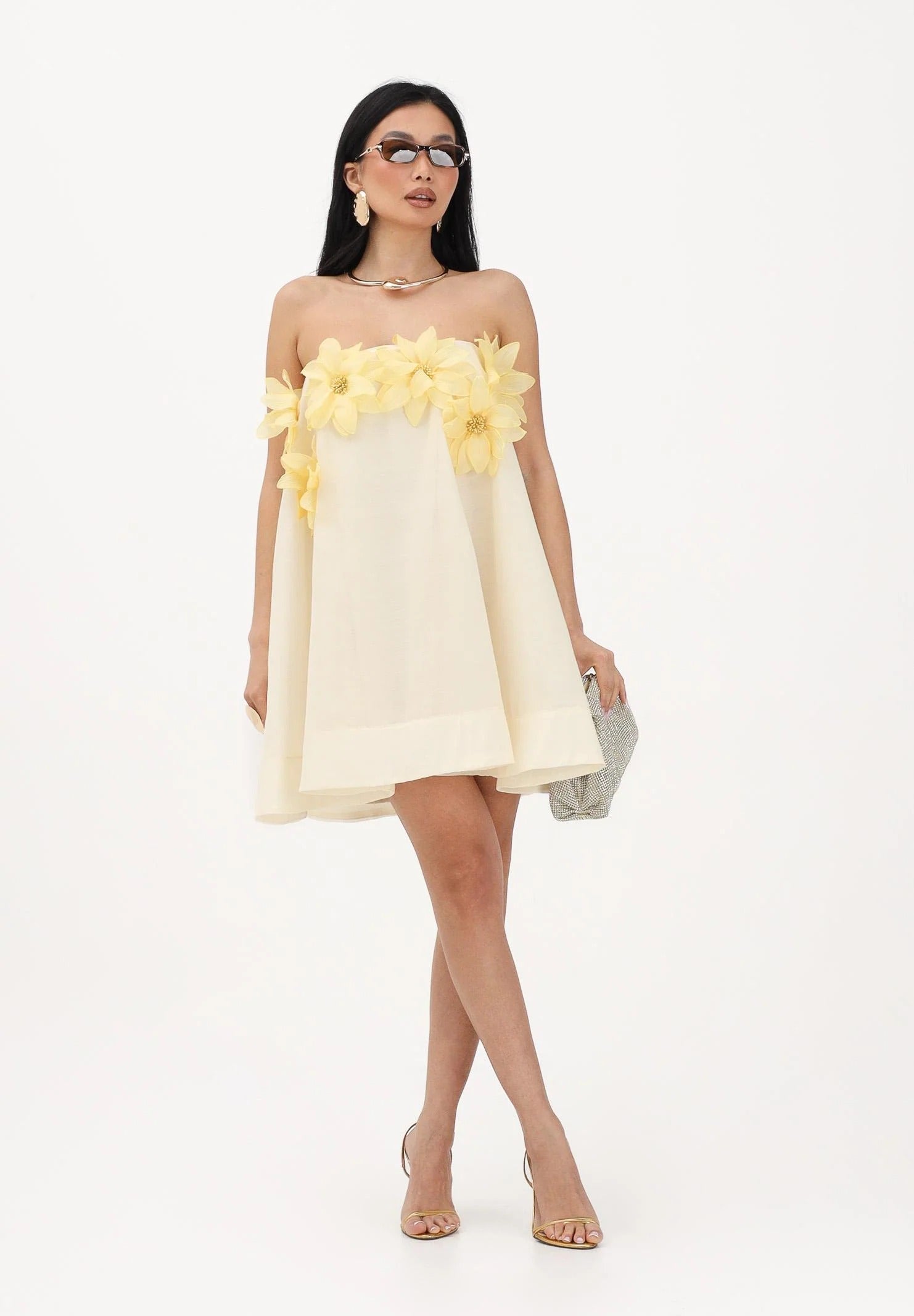Odi Women's Yellow Short Dress with Floral Appliqués