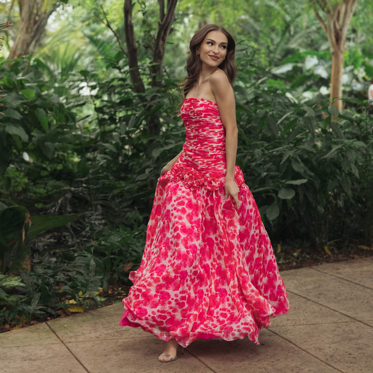 Strapless Chiffon Ball Gown With 3D Flowers