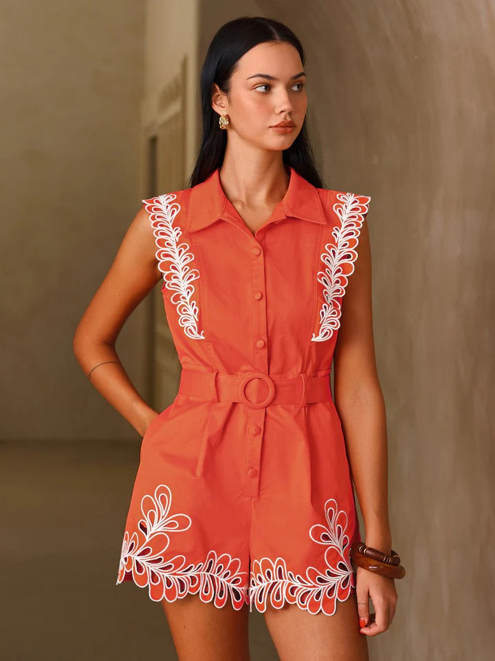Embroidered Trim Belted Sleeveless Romper