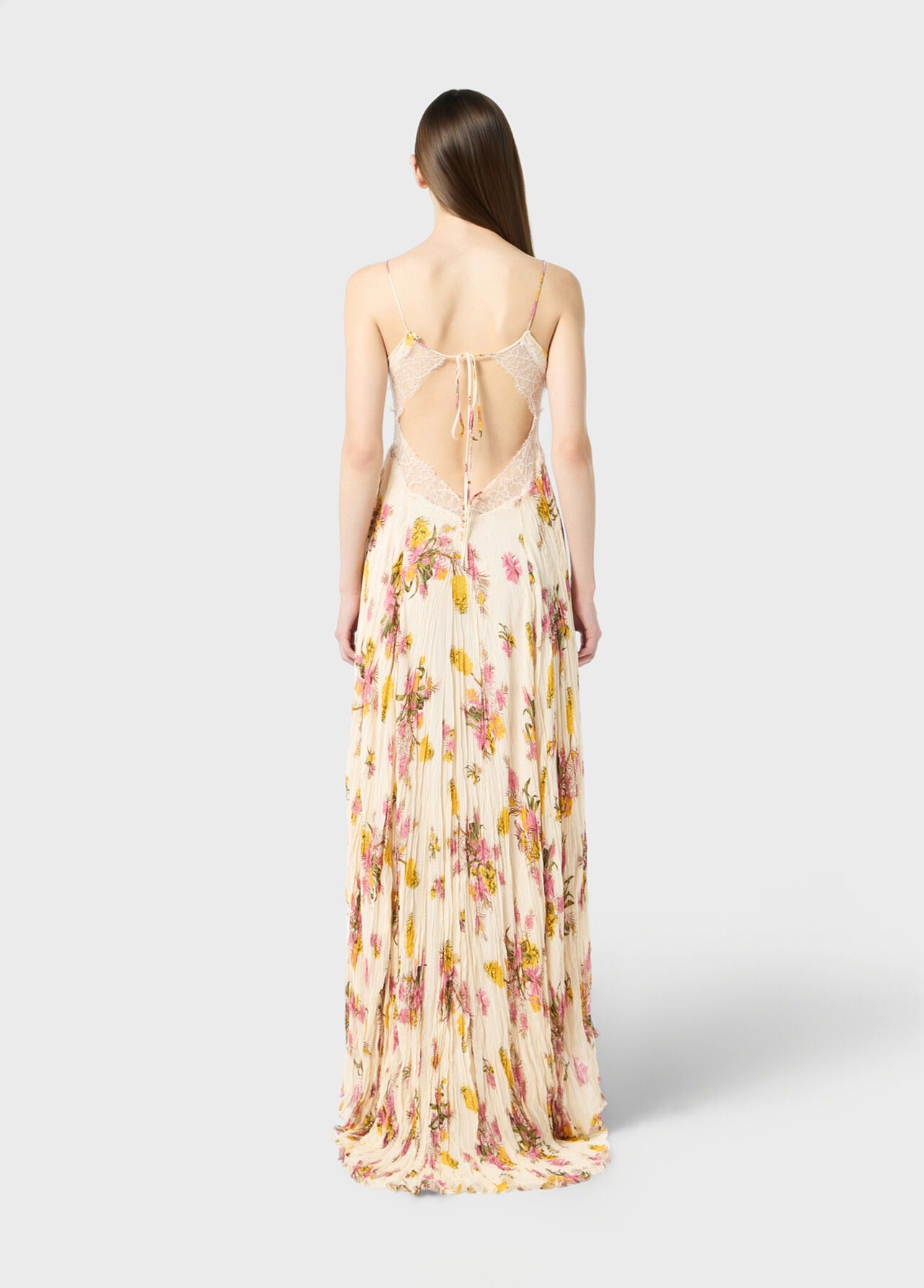 Long pleated georgette dress with print and lace