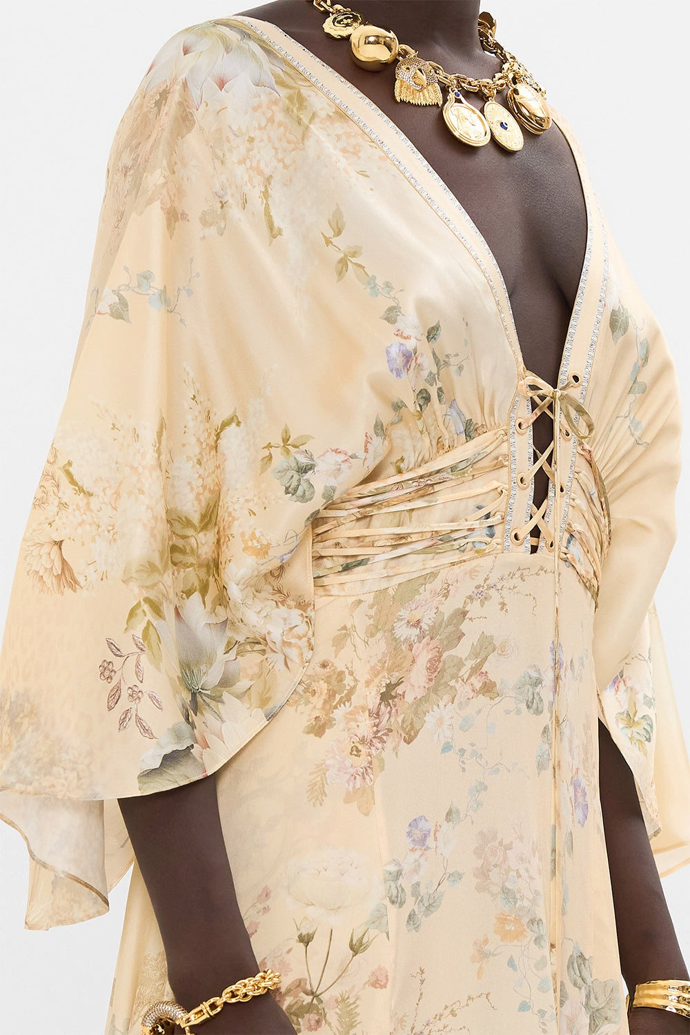 V Neck Lace Up Detail Long Dress