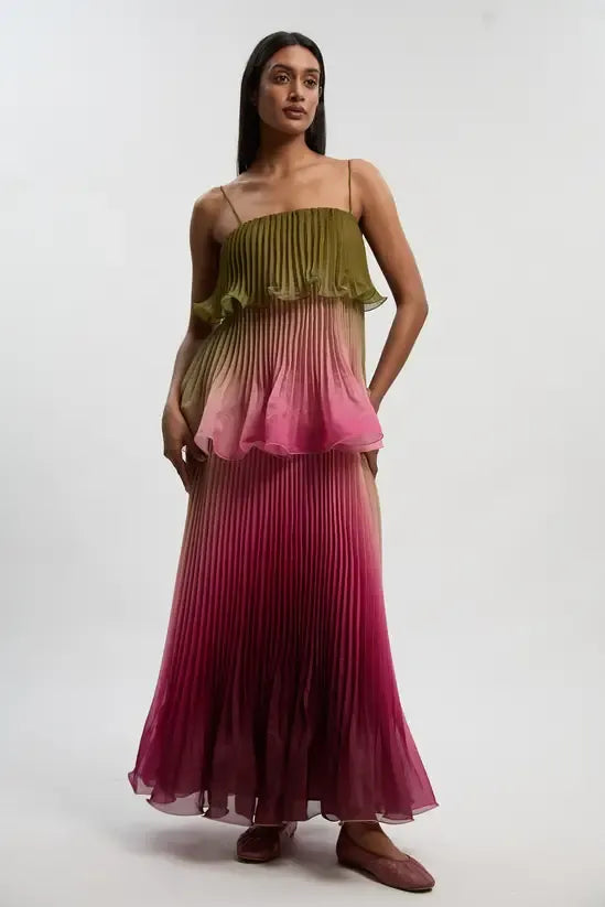 KarenMillen Pleated Slub Organdie Peplum Woven Maxi Dress