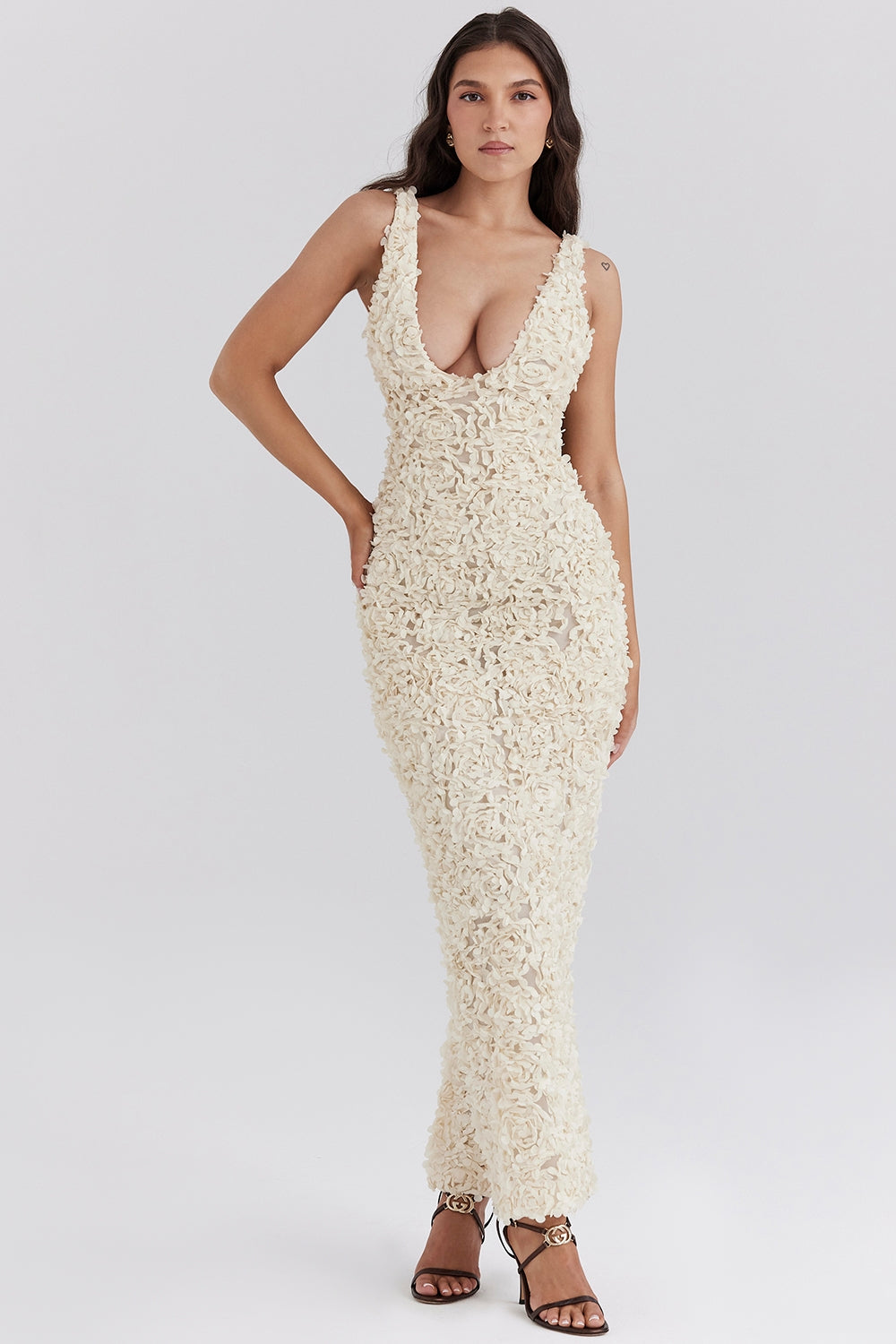 Carena creme plunge floral appliqué maxi dress